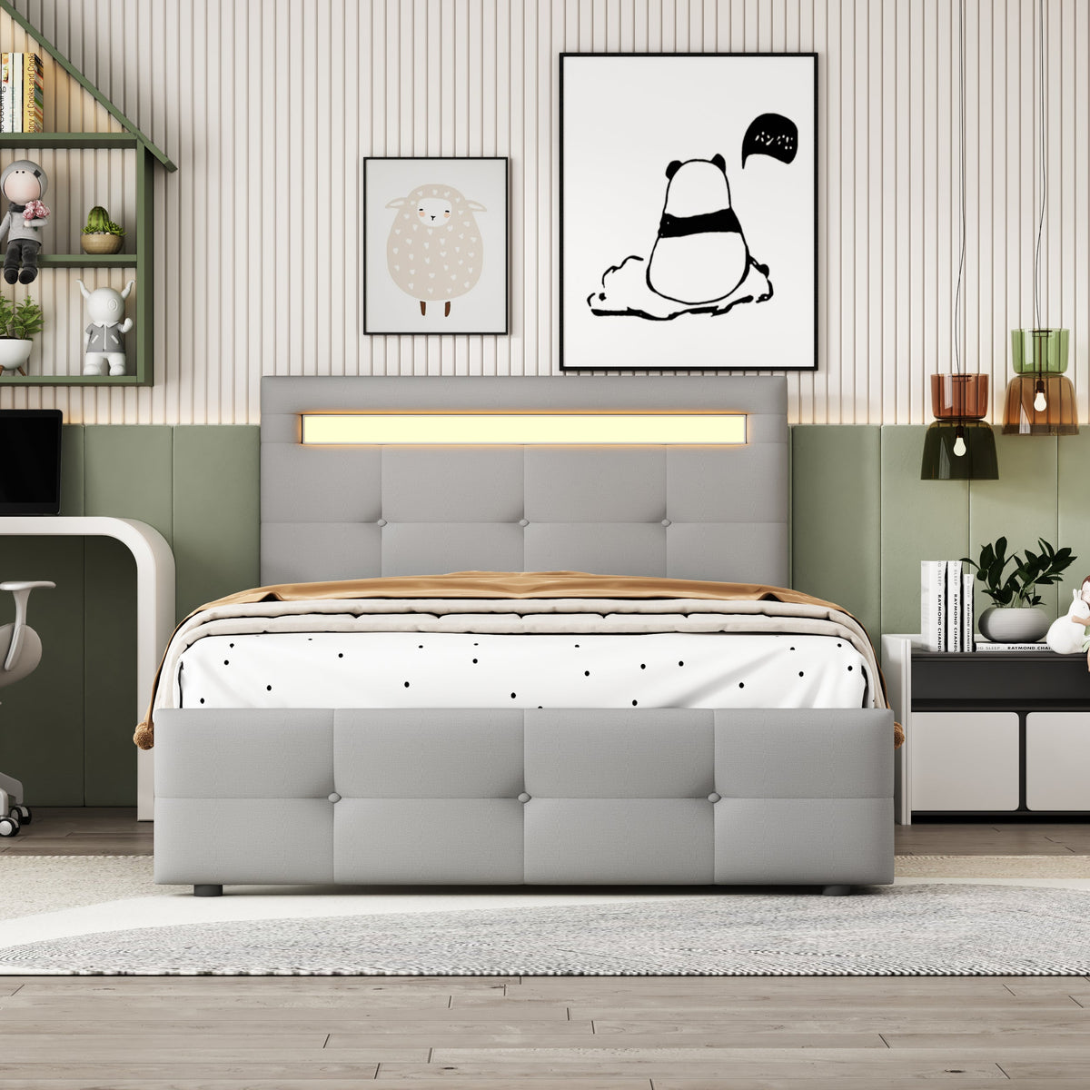 Upholstered Bed 90*200cm, LED Lights, 2 Drawers, Single Bed Linen Upholstery (Grey)