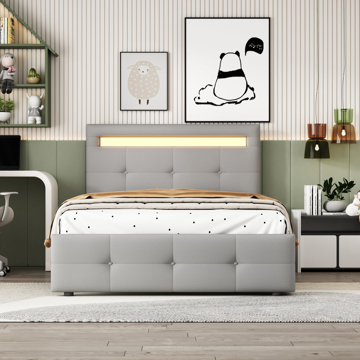 Upholstered Bed, 90x200cm, LED Lights, 2 Drawers, Linen Grey