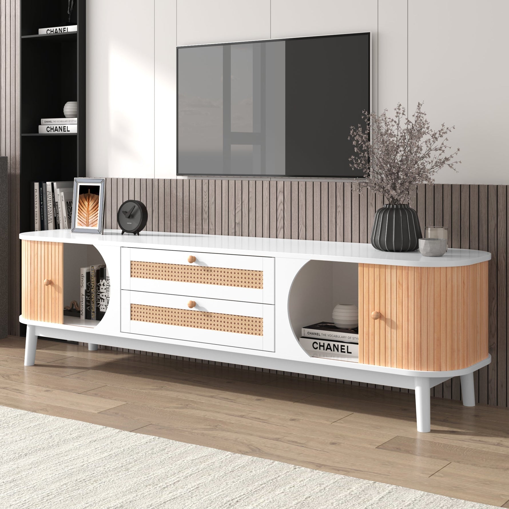 TV Cabinet Wood Blend, Doors Drawers Rattan Sides, Natural Country Style
