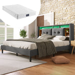 Upholstered Double Bed 160x200cm Storage USB LED Slatted Base, Grey