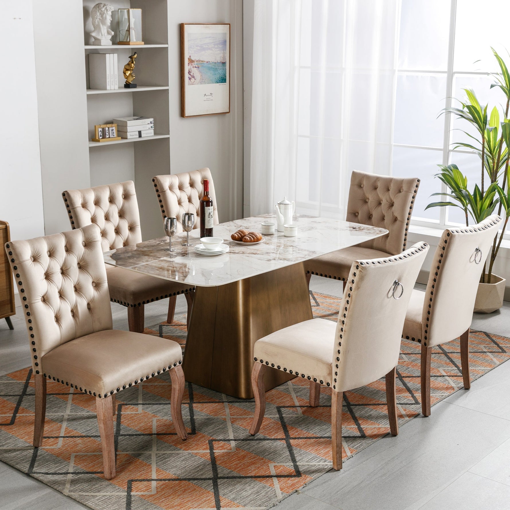 Dining Chair (Set of 6) Upholstered Door Knocker Back Nailhead Trim Solid Wood Legs Light Camel Velvet