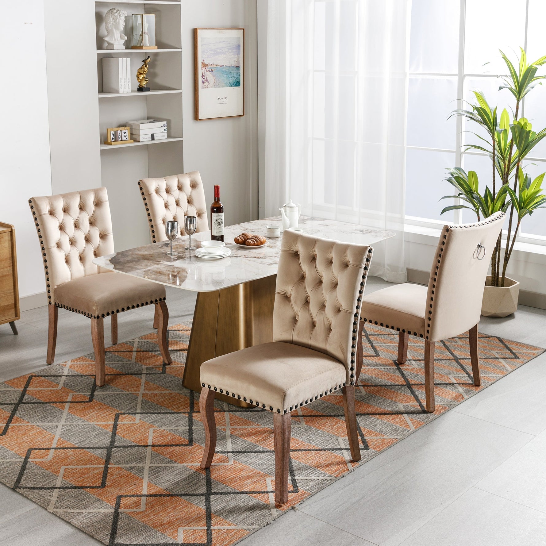 Dining Chair Set (4 Pcs) Upholstered Door Knocker Back Nailhead Trim, Light Camel Velvet