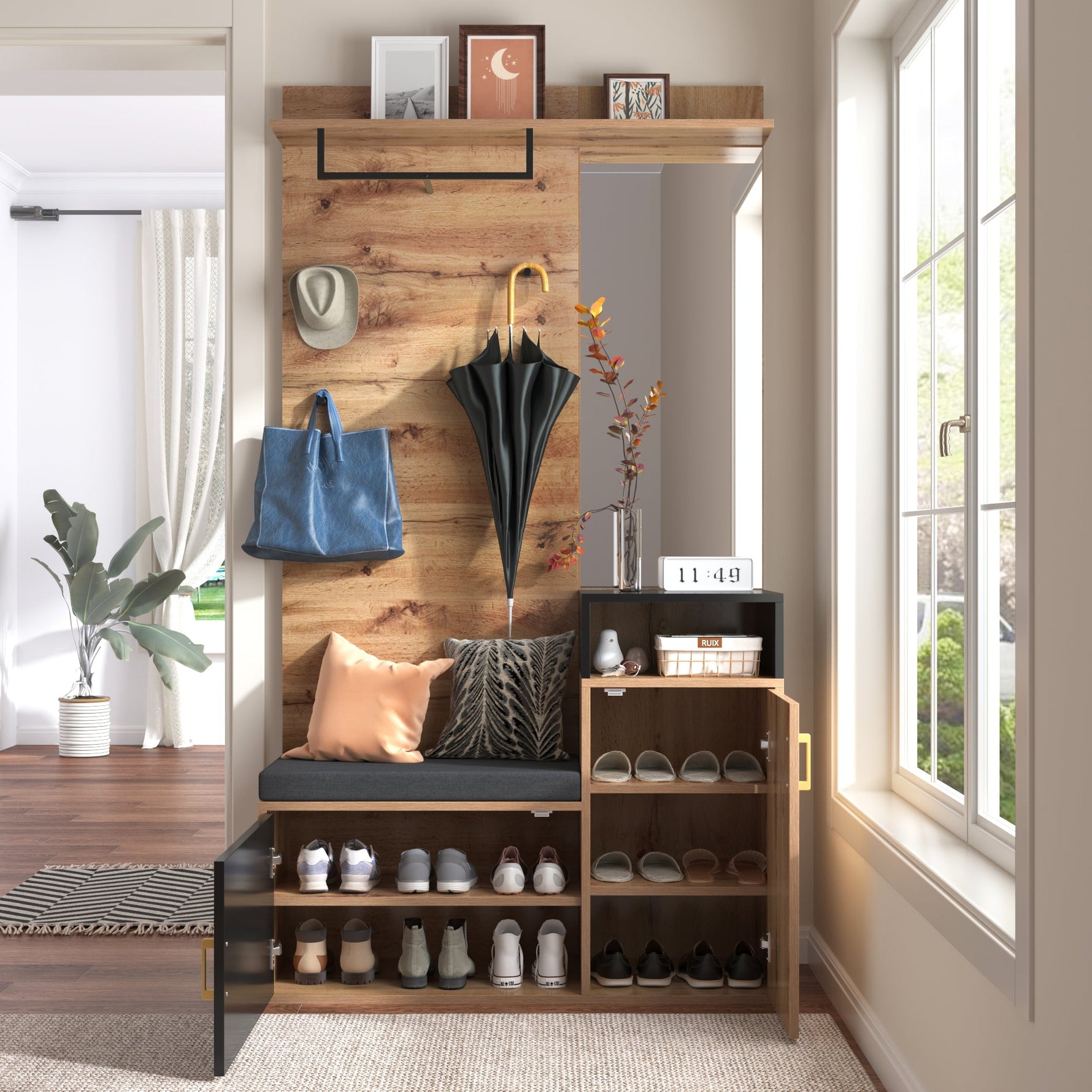 Wardrobe Set with 4 Coat Hooks, Mirror & Shoe Cabinet
