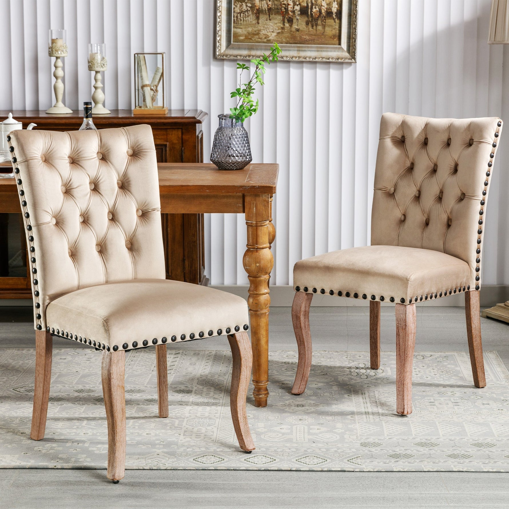 Dining Chair Set of 2 Door Knocker Back Nailhead Trim Light Camel Velvet