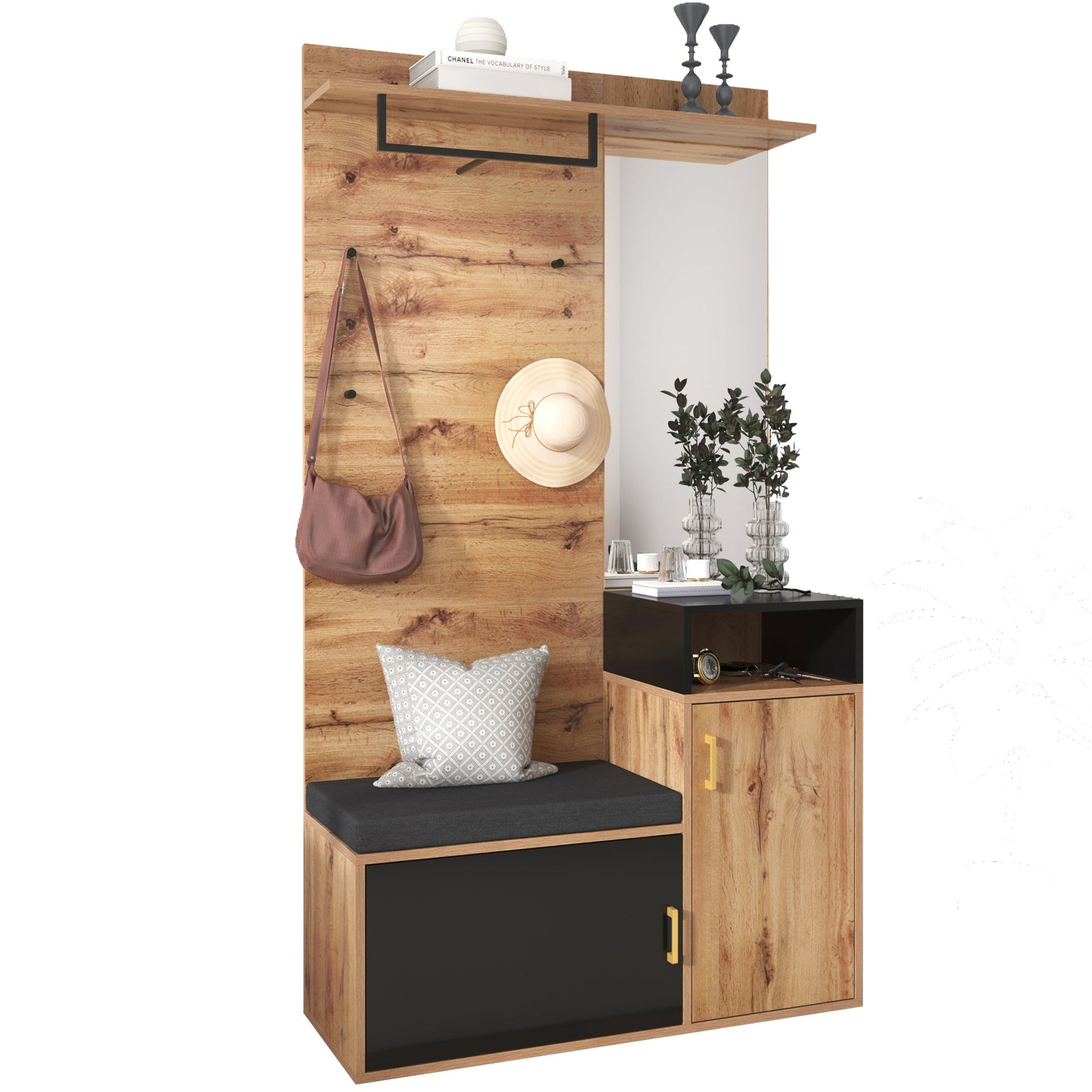 Wardrobe Set with 4 Coat Hooks, Mirror & Shoe Cabinet