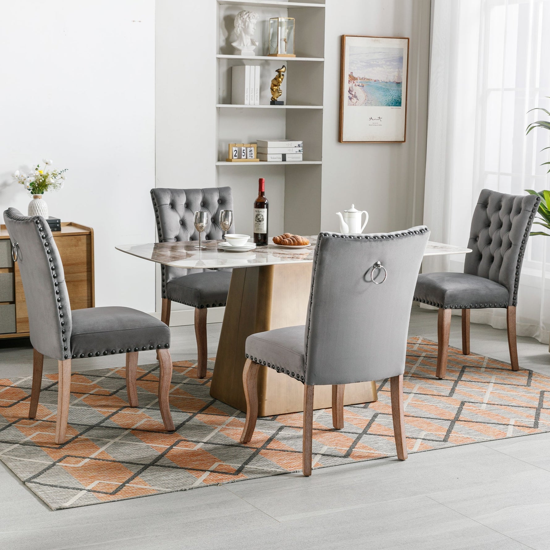 Dining Chair Set of 4 Upholstered Door Knocker Back Nailhead Trim, Grey Velvet