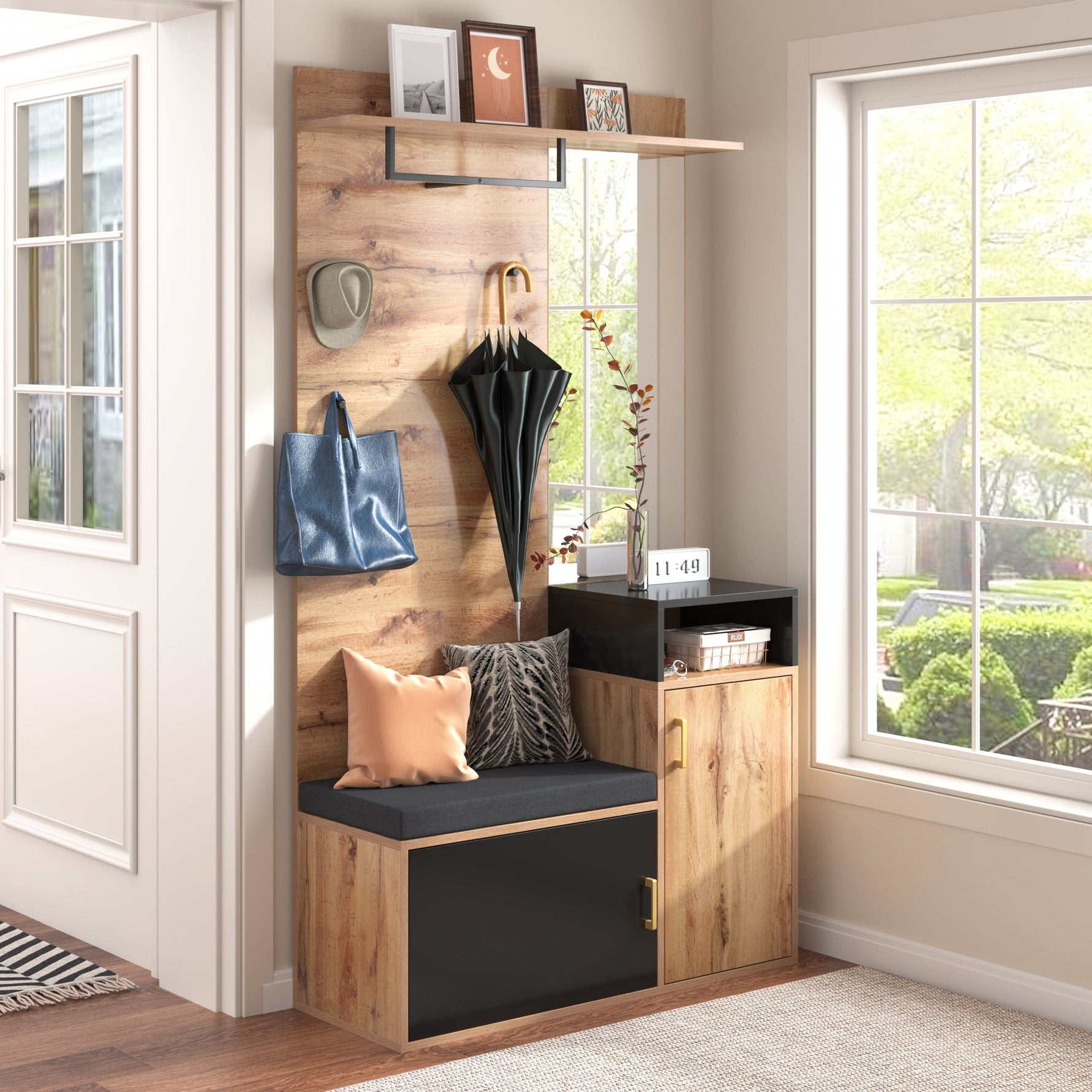 Wardrobe Set with 4 Coat Hooks, Mirror & Shoe Cabinet