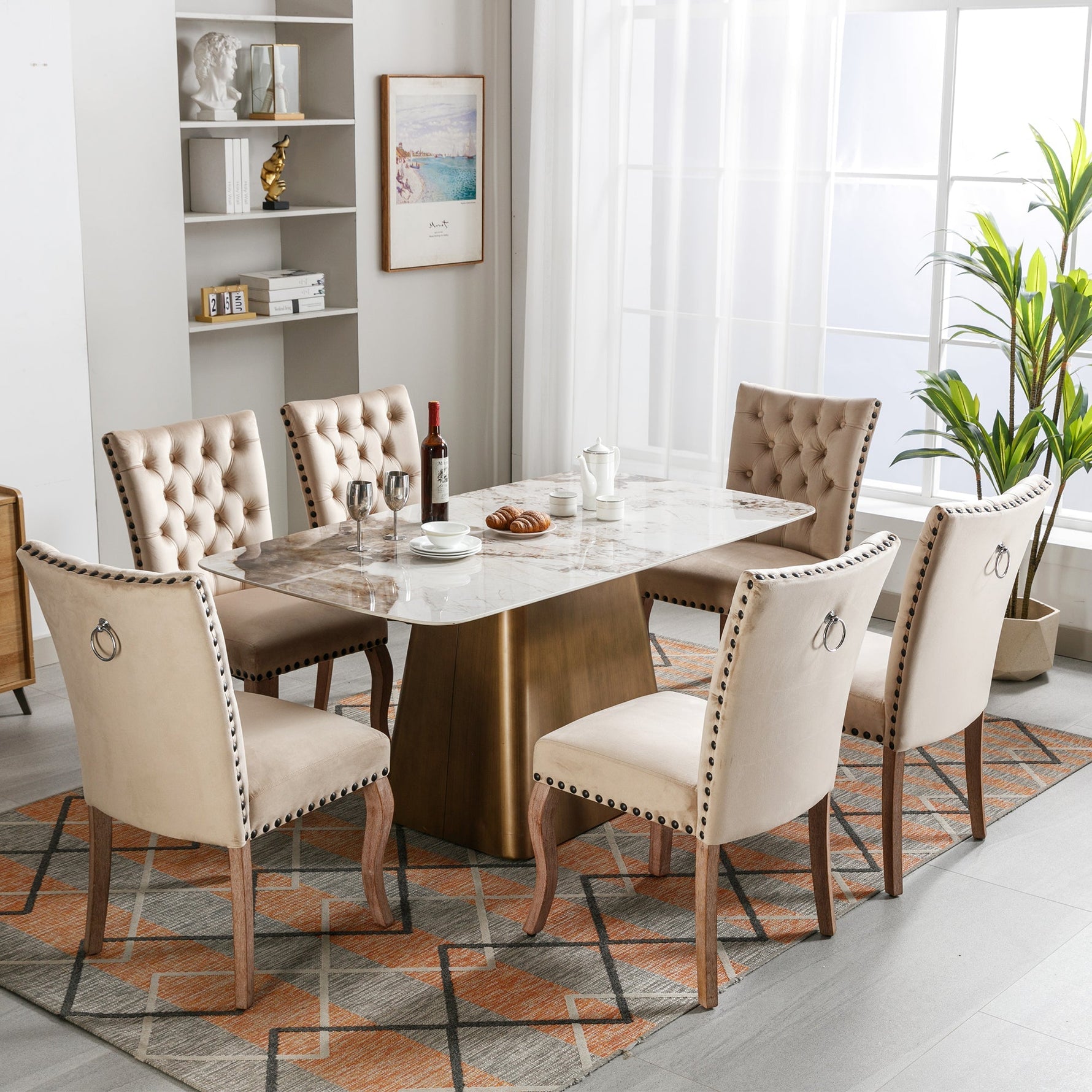 Dining Chair (Set of 6) Upholstered Door Knocker Back Nailhead Trim Solid Wood Legs Light Camel Velvet