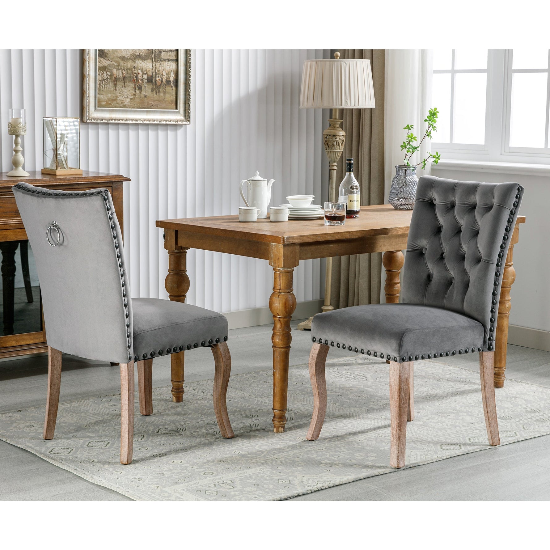 Dining Chairs (Set of 2) Upholstered Door Knocker Back Solid Wood Legs Grey Velvet