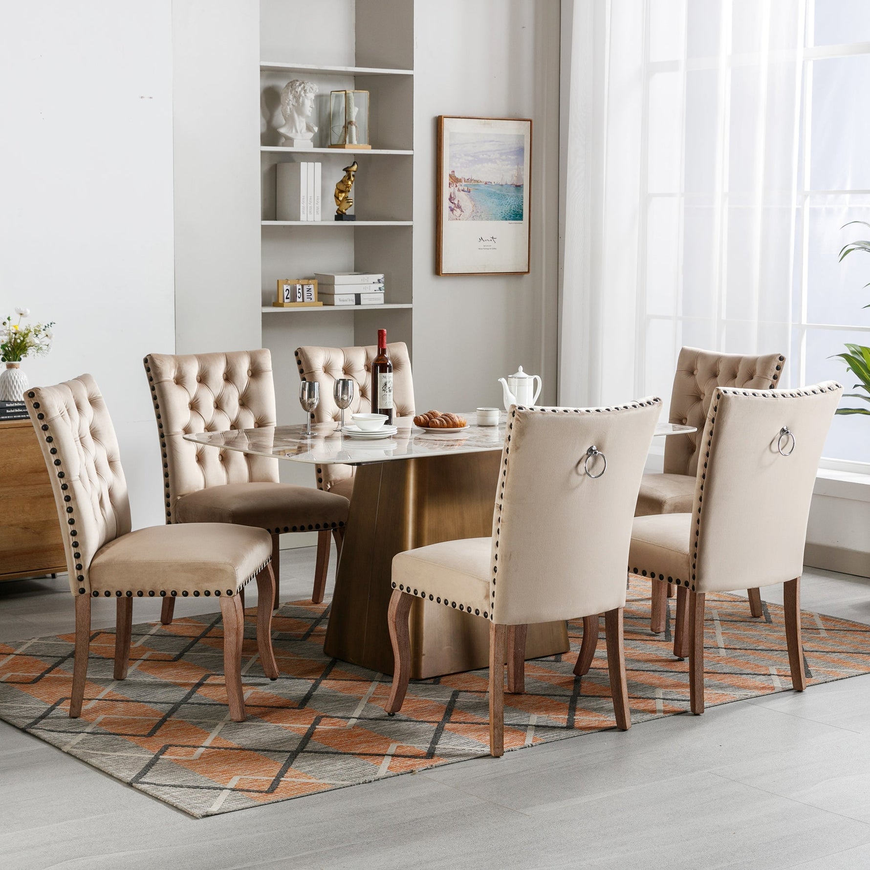 Dining Chair (Set of 6) Upholstered Door Knocker Back Nailhead Trim Solid Wood Legs Light Camel Velvet
