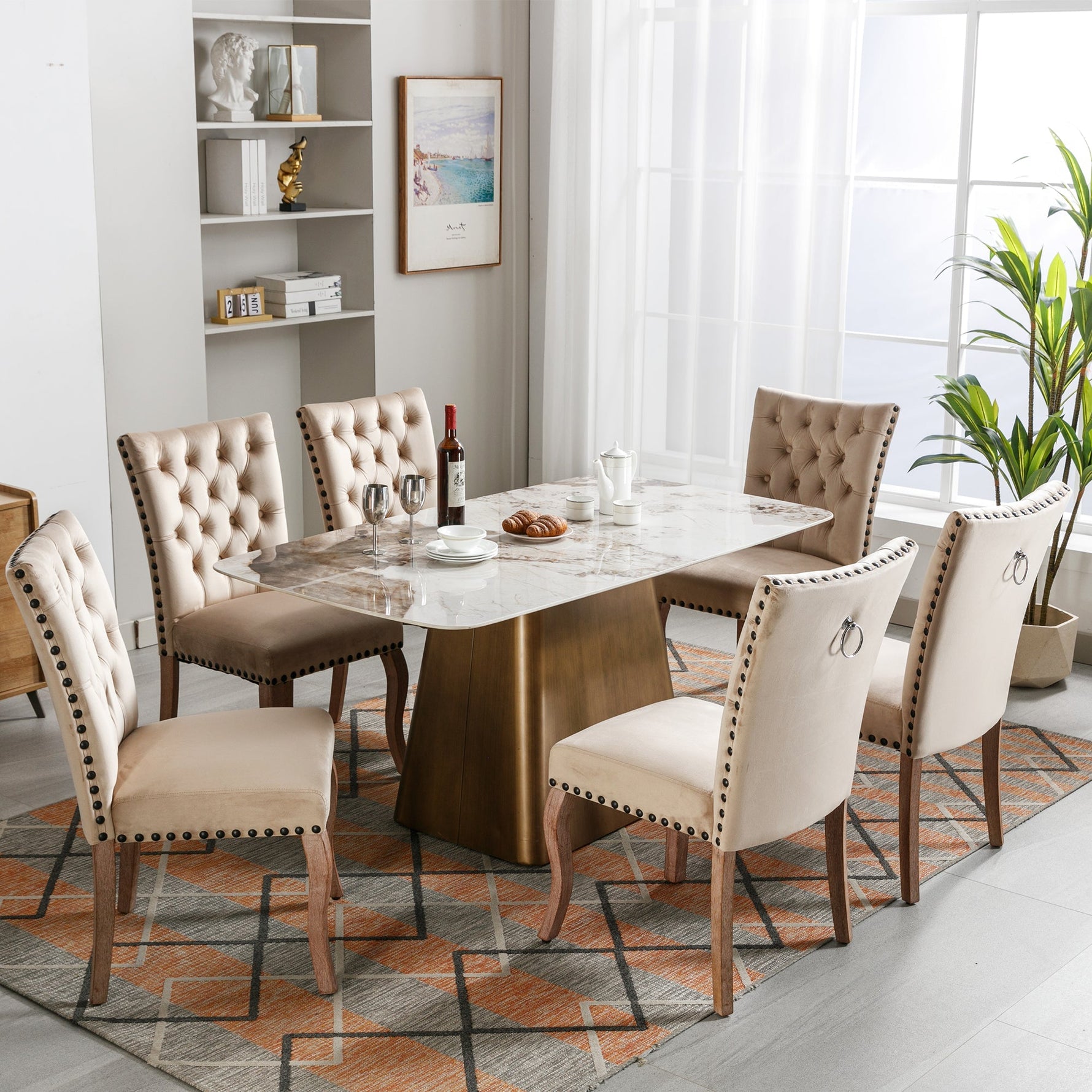 Dining Chair (Set of 6) Upholstered Door Knocker Back Nailhead Trim Solid Wood Legs Light Camel Velvet