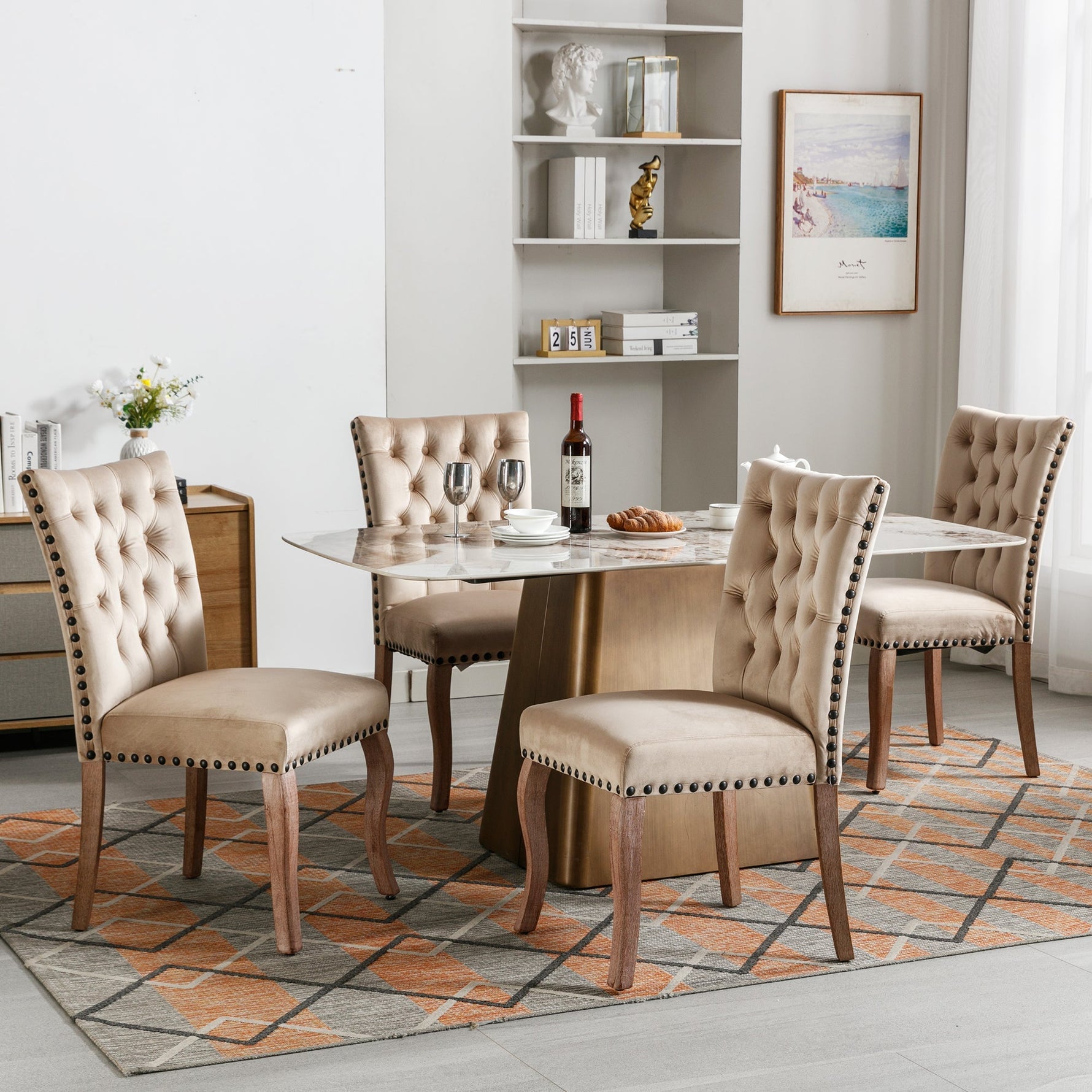 Dining Chair Set (4 Pcs) Upholstered Door Knocker Back Nailhead Trim, Light Camel Velvet