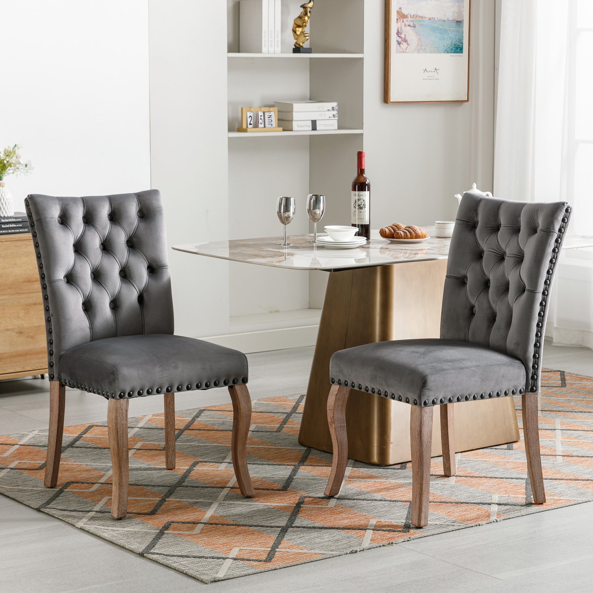 Dining Chairs (Set of 2) Upholstered Door Knocker Back Solid Wood Legs Grey Velvet
