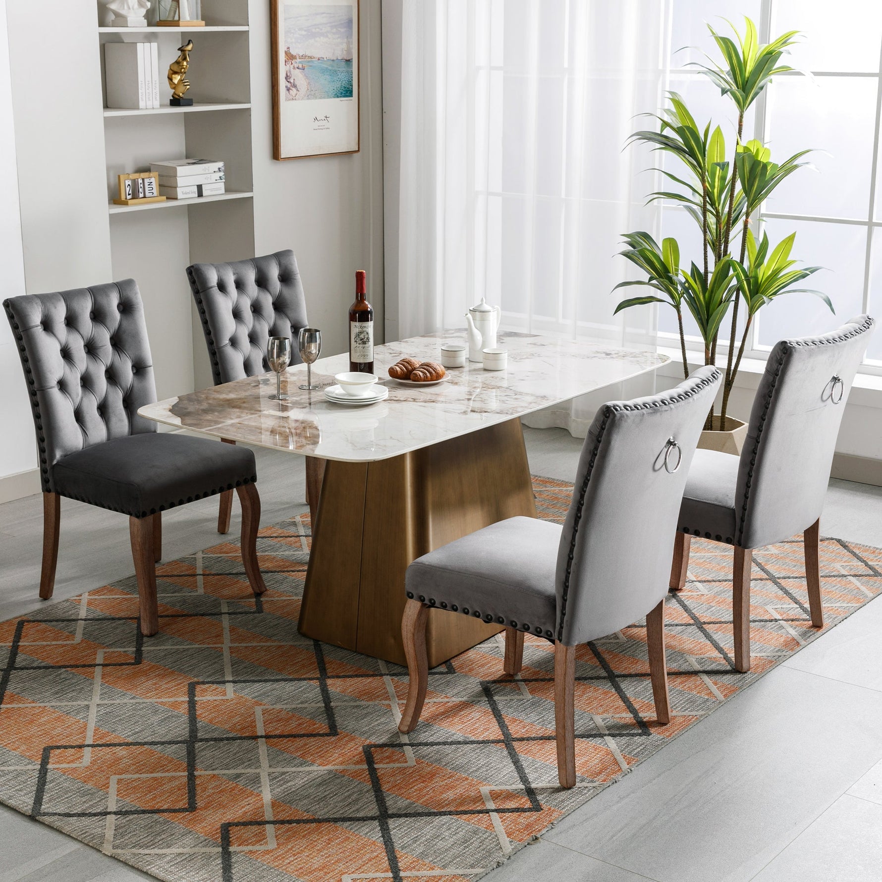 Dining Chair Set of 4 Upholstered Door Knocker Back Nailhead Trim, Grey Velvet