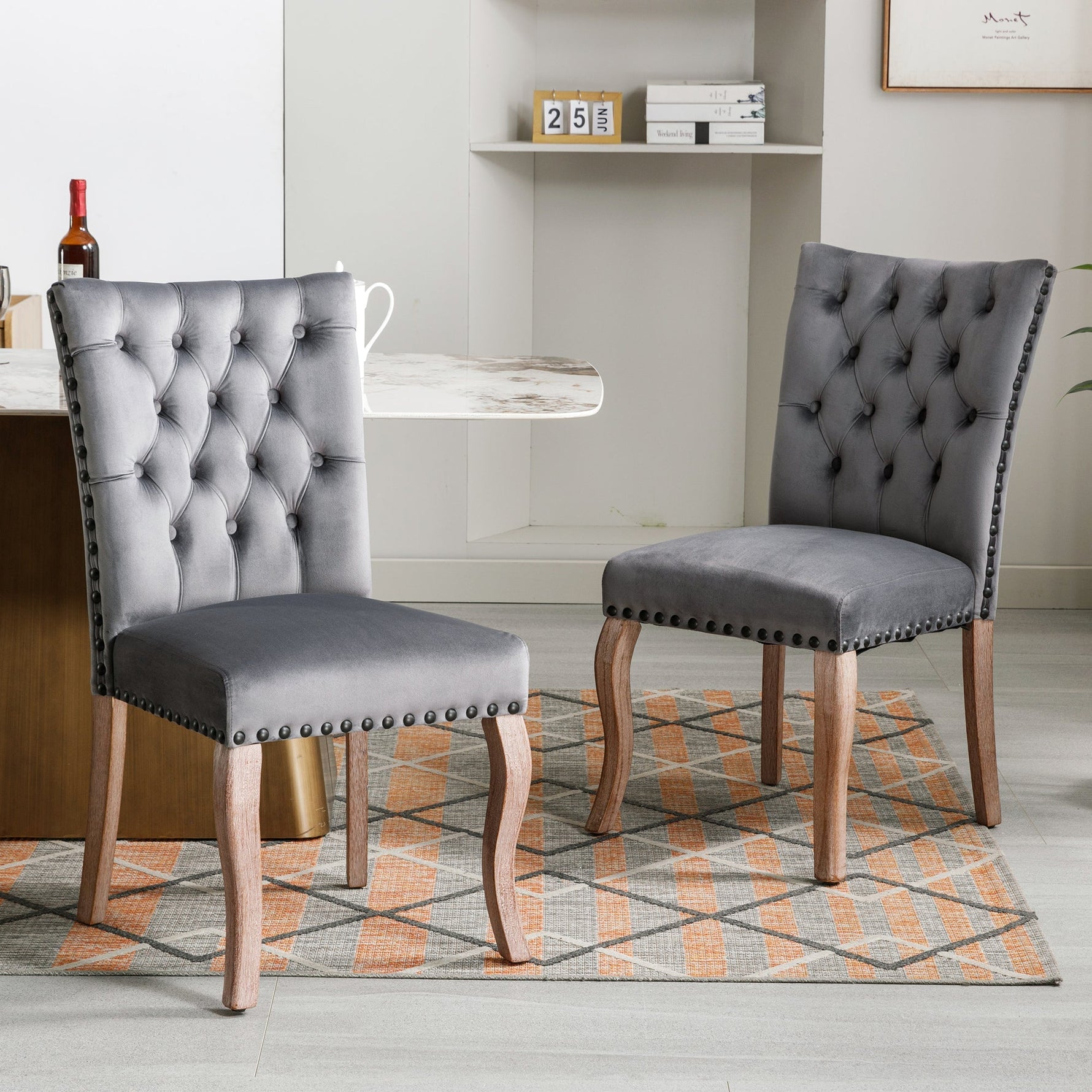 Dining Chairs (Set of 2) Upholstered Door Knocker Back Solid Wood Legs Grey Velvet