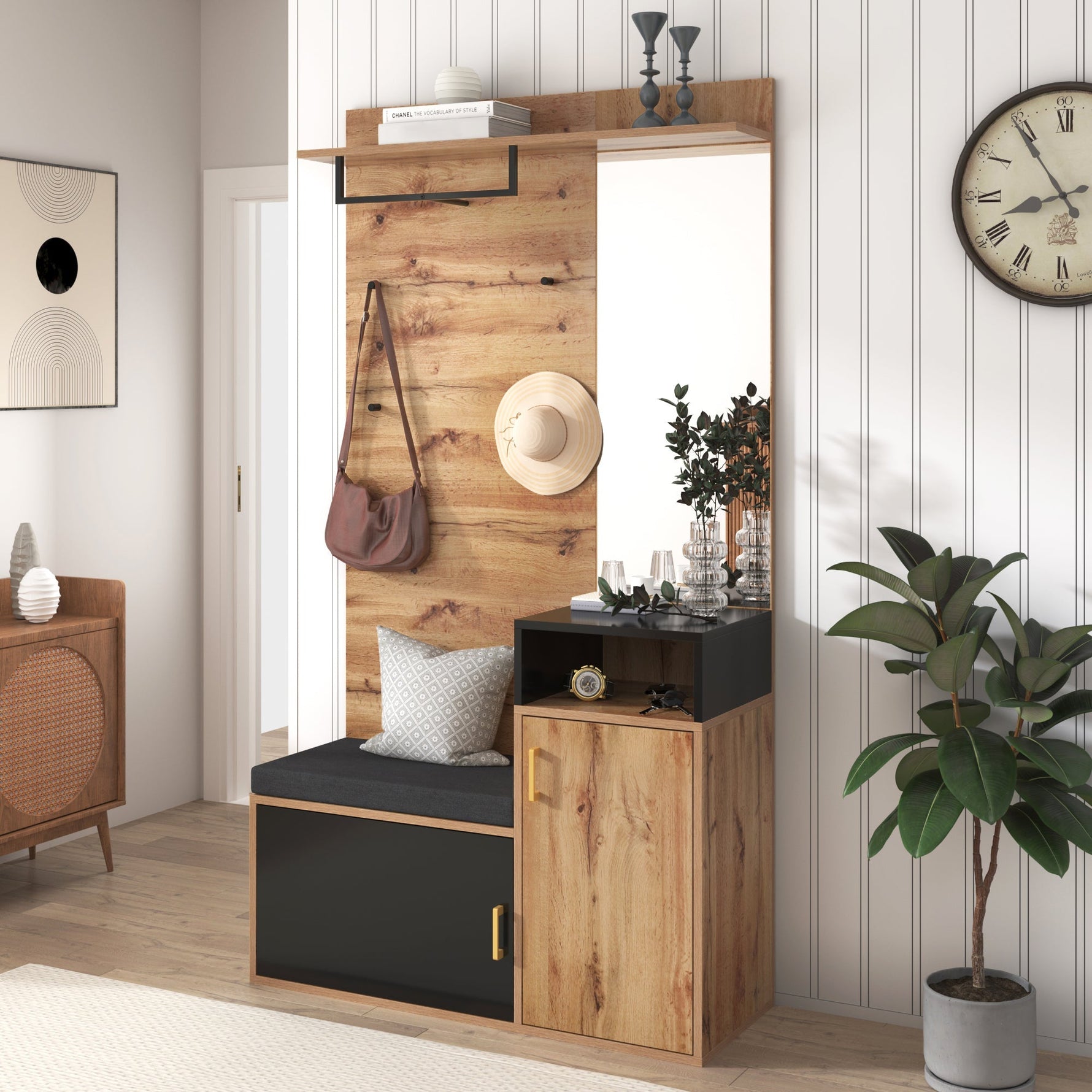 Wardrobe Set with 4 Coat Hooks, Mirror & Shoe Cabinet