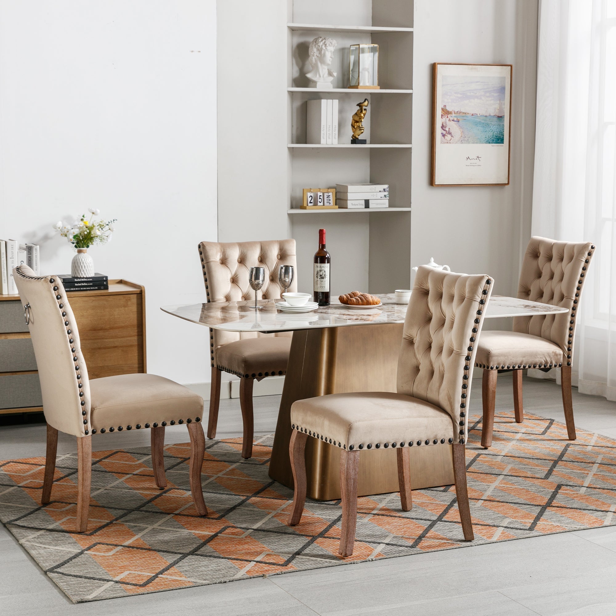 Dining Chair Set (4 Pcs) Upholstered Door Knocker Back Nailhead Trim, Light Camel Velvet