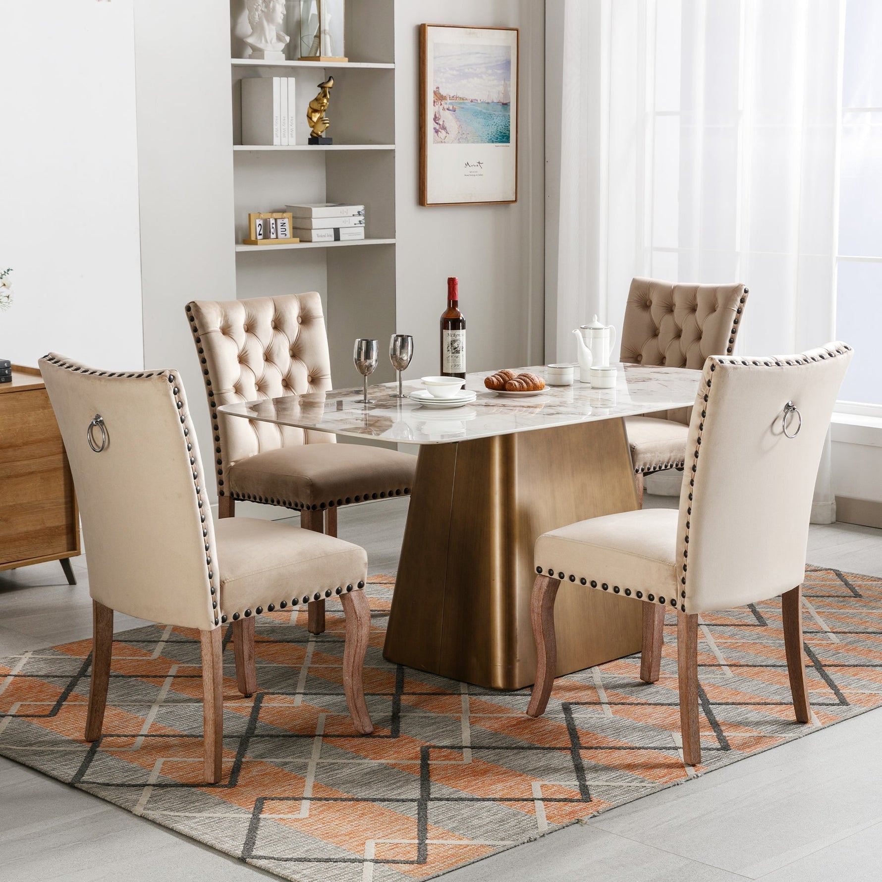 Dining Chair Set (4 Pcs) Upholstered Door Knocker Back Nailhead Trim, Light Camel Velvet