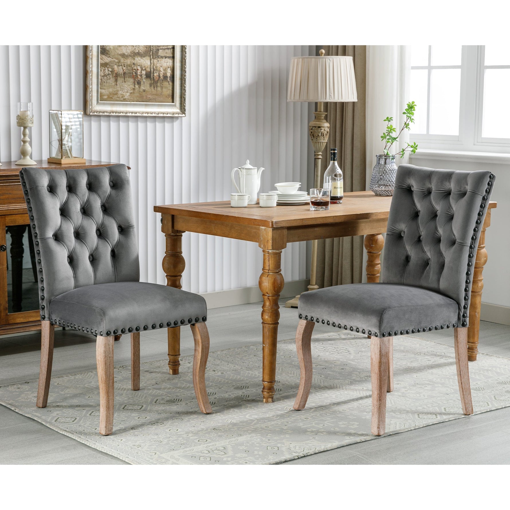 Dining Chairs (Set of 2) Upholstered Door Knocker Back Solid Wood Legs Grey Velvet