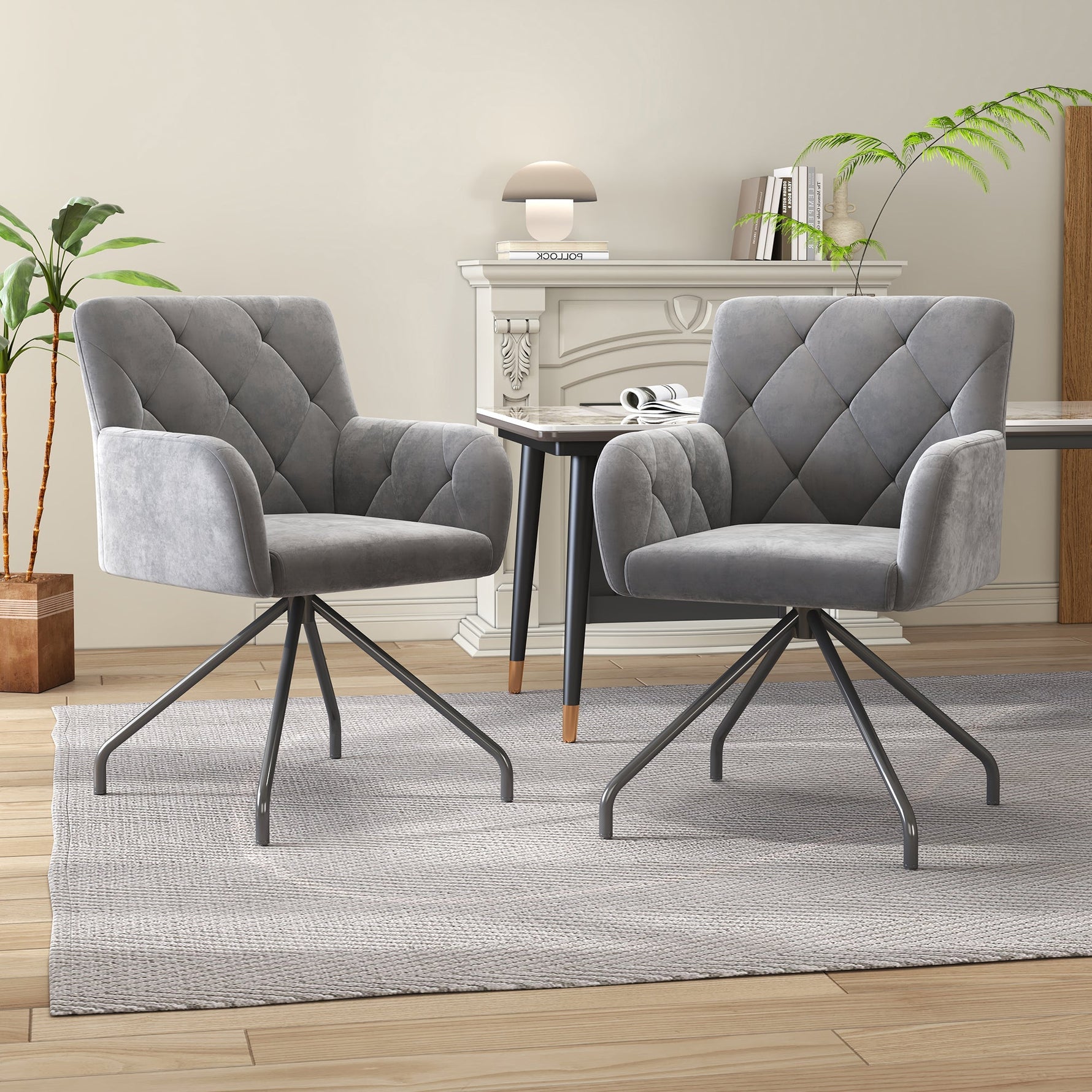 Set of 6 Dining Chairs with Diamond Pattern and Lumbar Support, Light Grey Velvet
