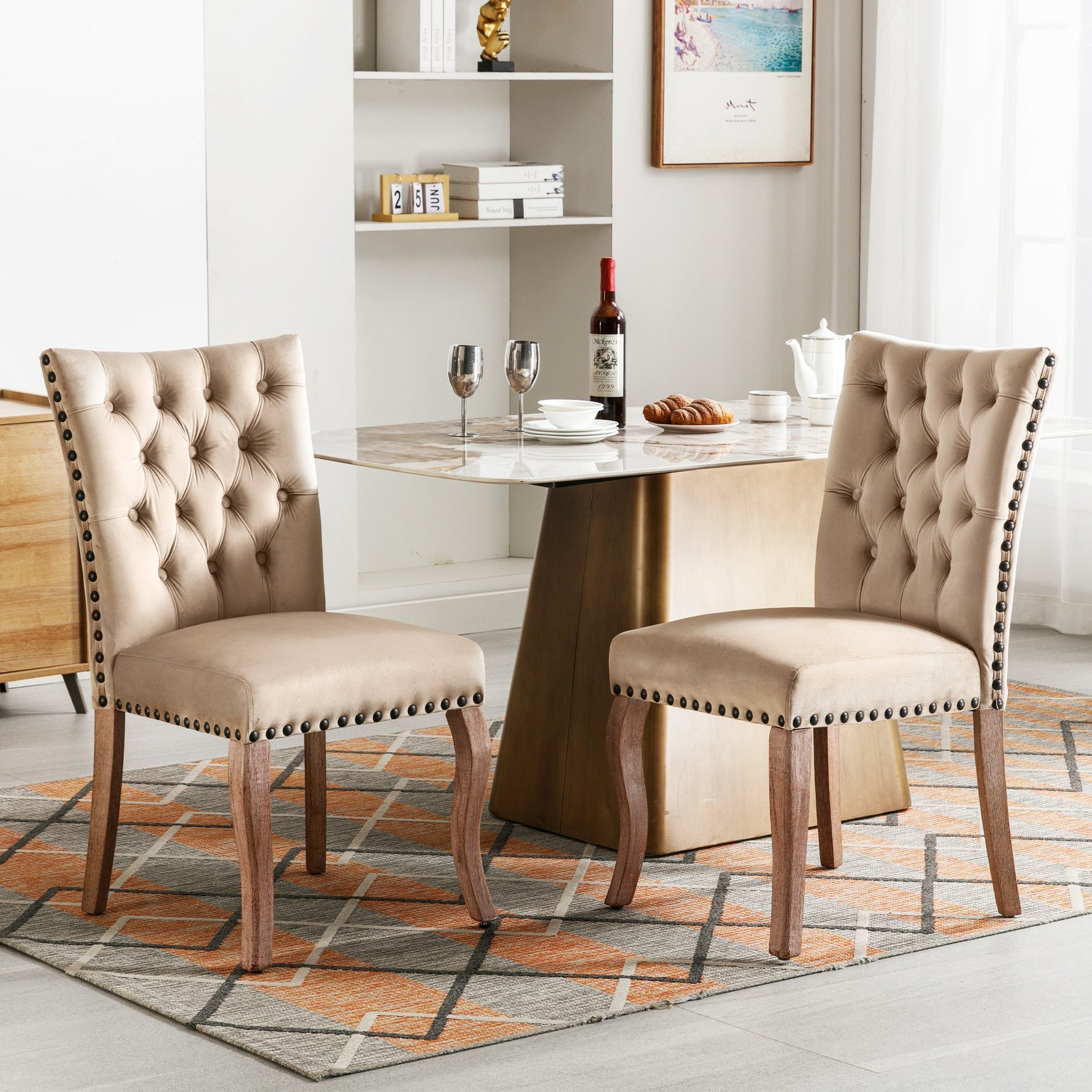 Dining Chair Set of 2 Door Knocker Back Nailhead Trim Light Camel Velvet