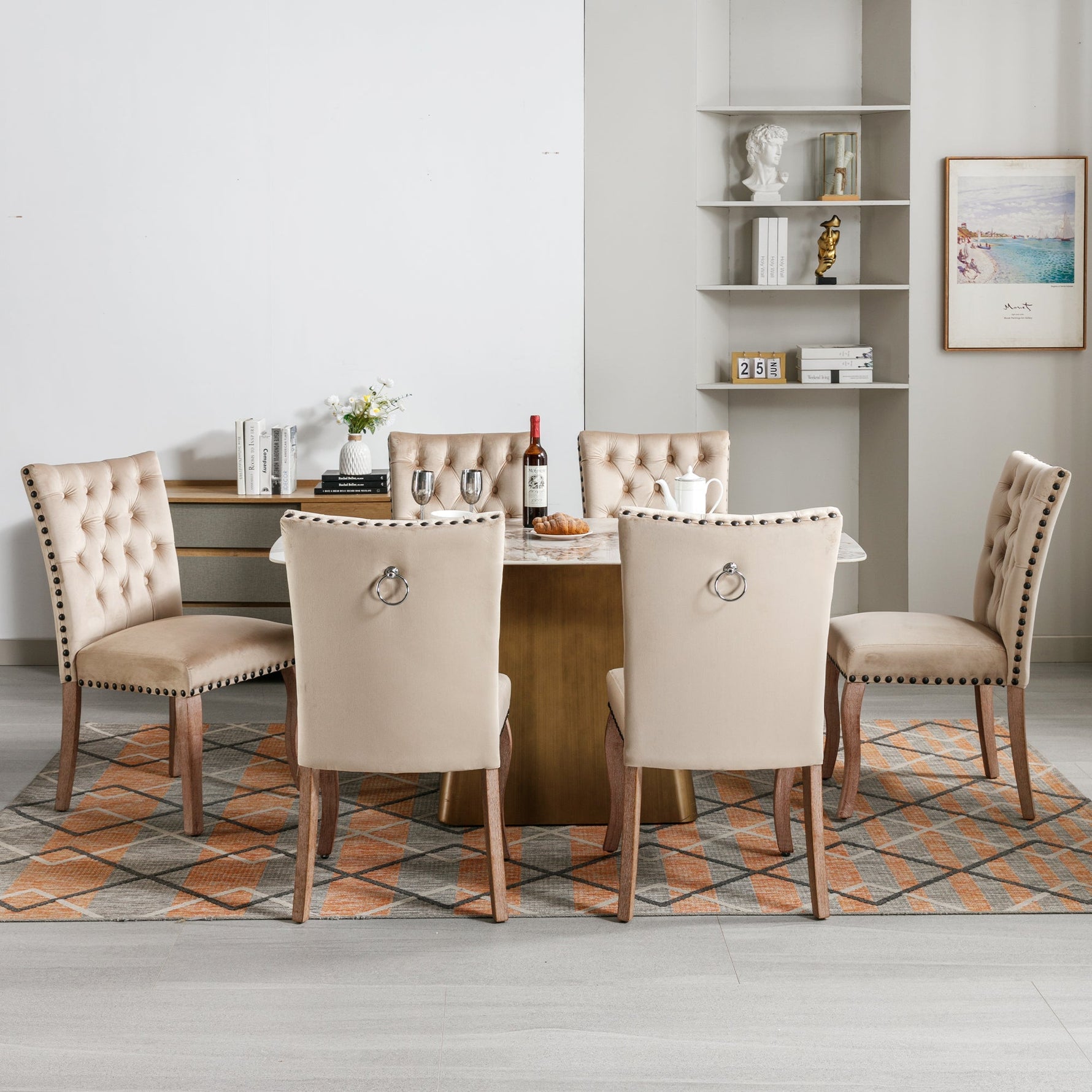 Dining Chair (Set of 6) Upholstered Door Knocker Back Nailhead Trim Solid Wood Legs Light Camel Velvet