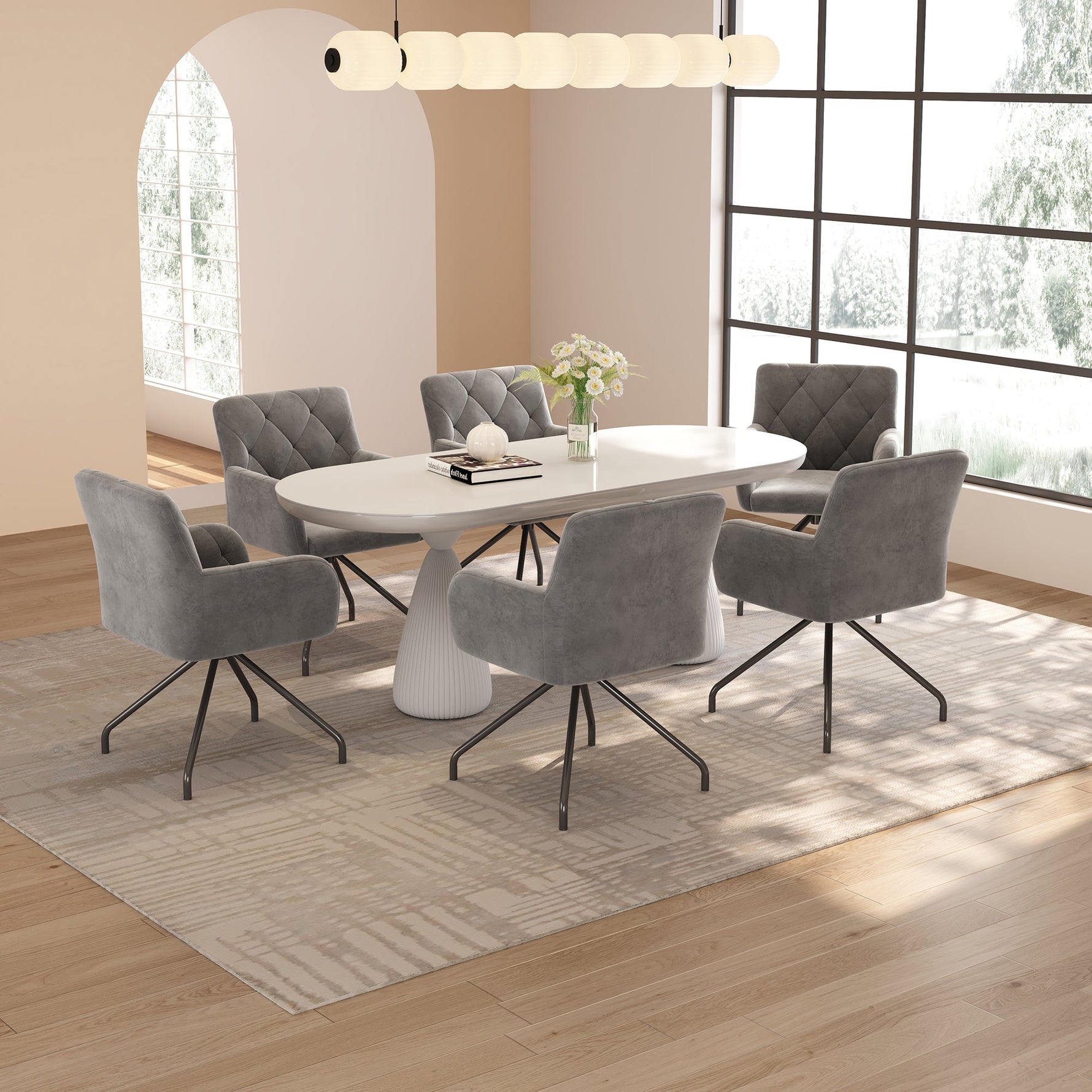 Set of 6 Dining Chairs with Diamond Pattern and Lumbar Support, Light Grey Velvet