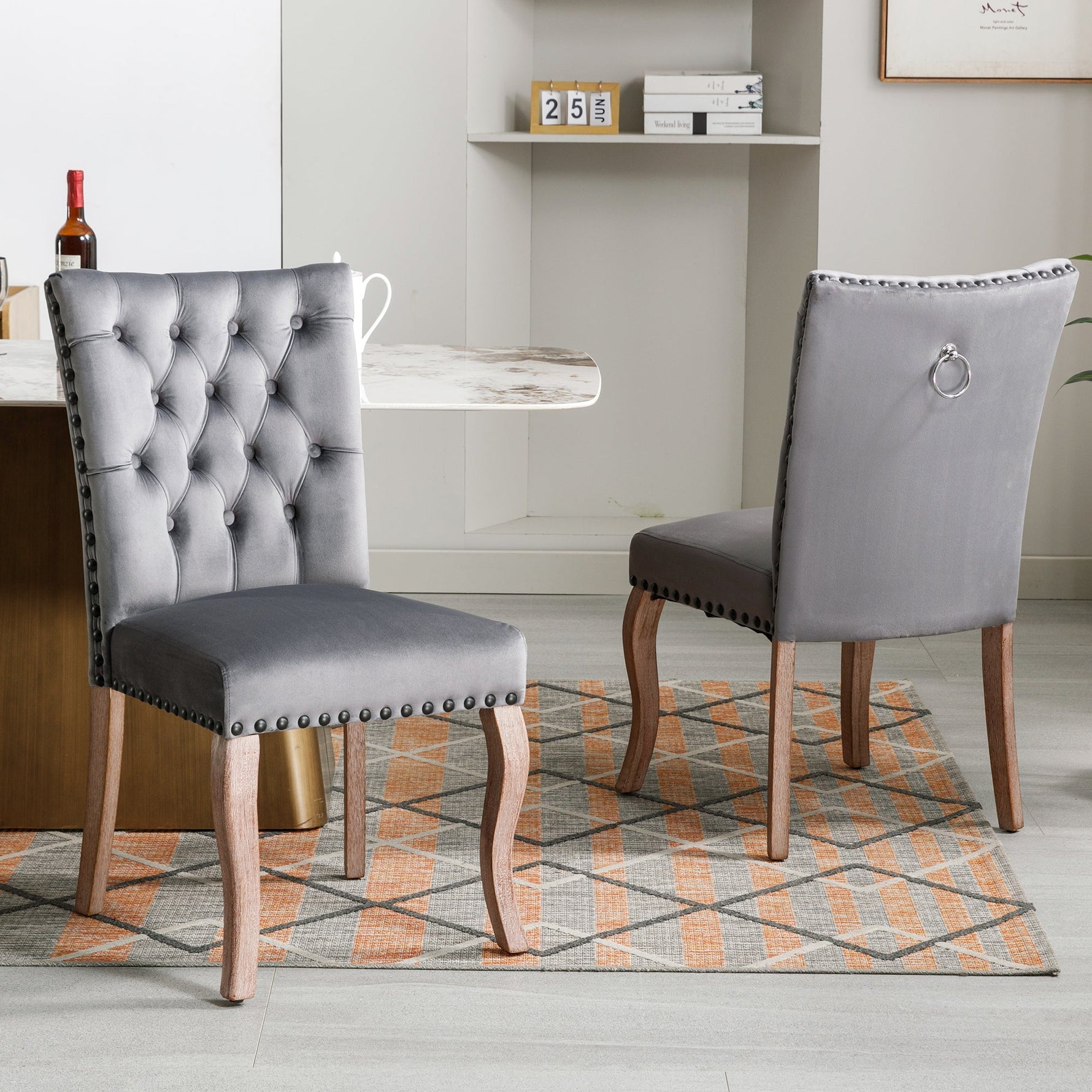 Dining Chairs (Set of 2) Upholstered Door Knocker Back Solid Wood Legs Grey Velvet