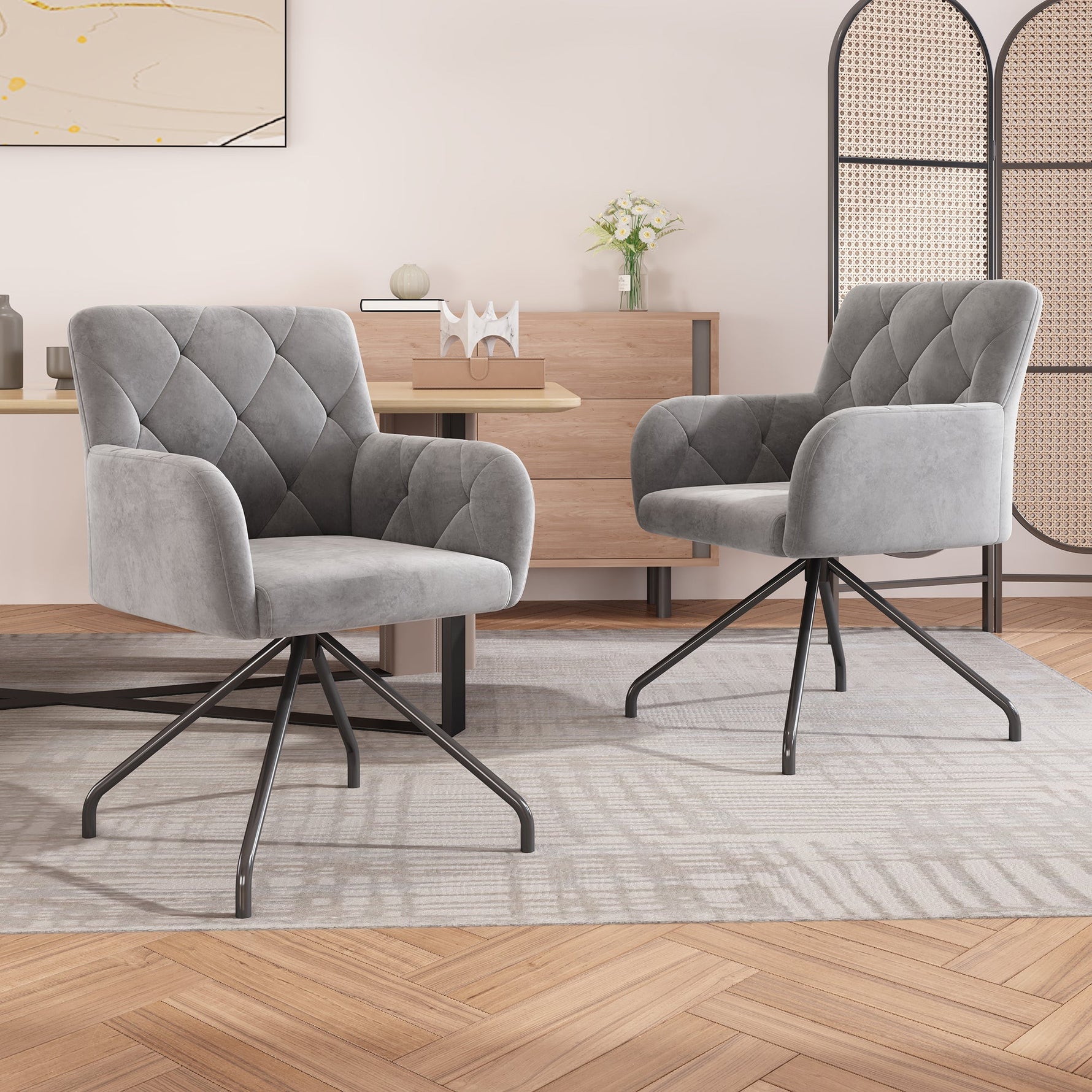 Set of 6 Dining Chairs with Diamond Pattern and Lumbar Support, Light Grey Velvet
