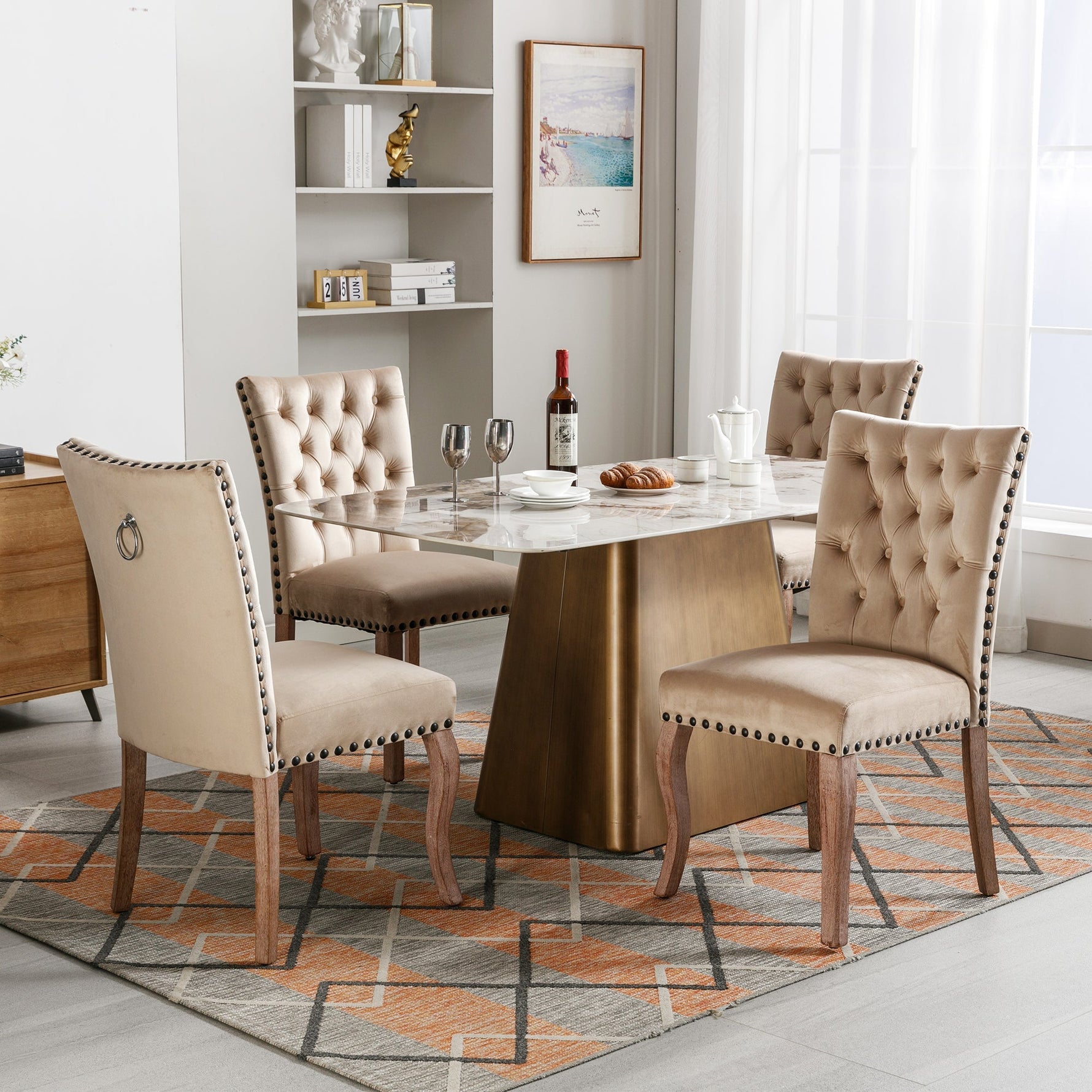 Dining Chair Set (4 Pcs) Upholstered Door Knocker Back Nailhead Trim, Light Camel Velvet