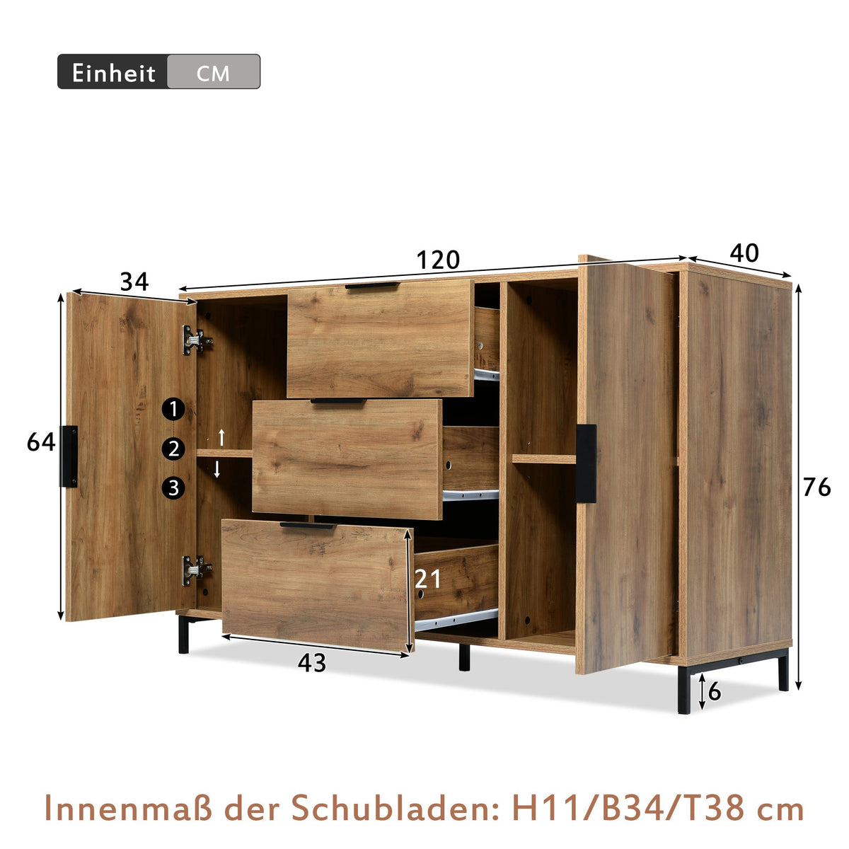 Chest of Drawers, 2 Doors & 3 Drawers, Adjustable Shelf, Dark Oak