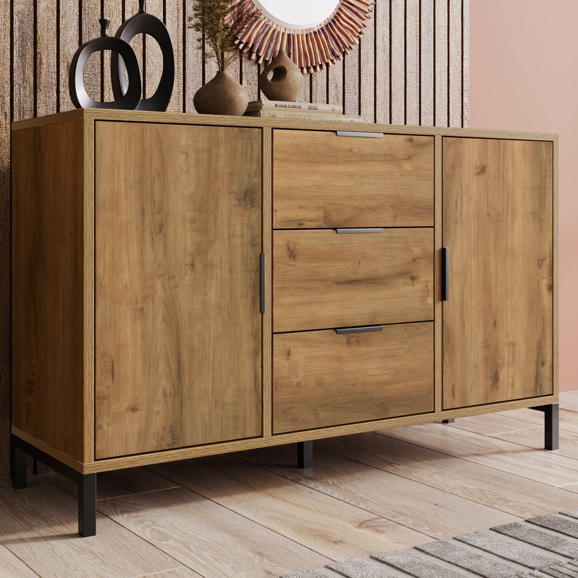 Chest of Drawers, 2 Doors & 3 Drawers, Adjustable Shelf, Dark Oak