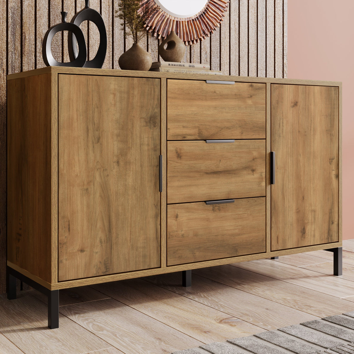 Chest of Drawers, 2 Doors & 3 Drawers, Adjustable Shelf, Dark Oak