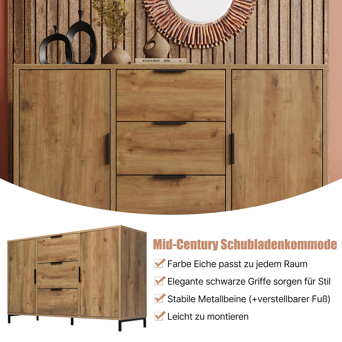 Chest of Drawers, 2 Doors & 3 Drawers, Adjustable Shelf, Dark Oak