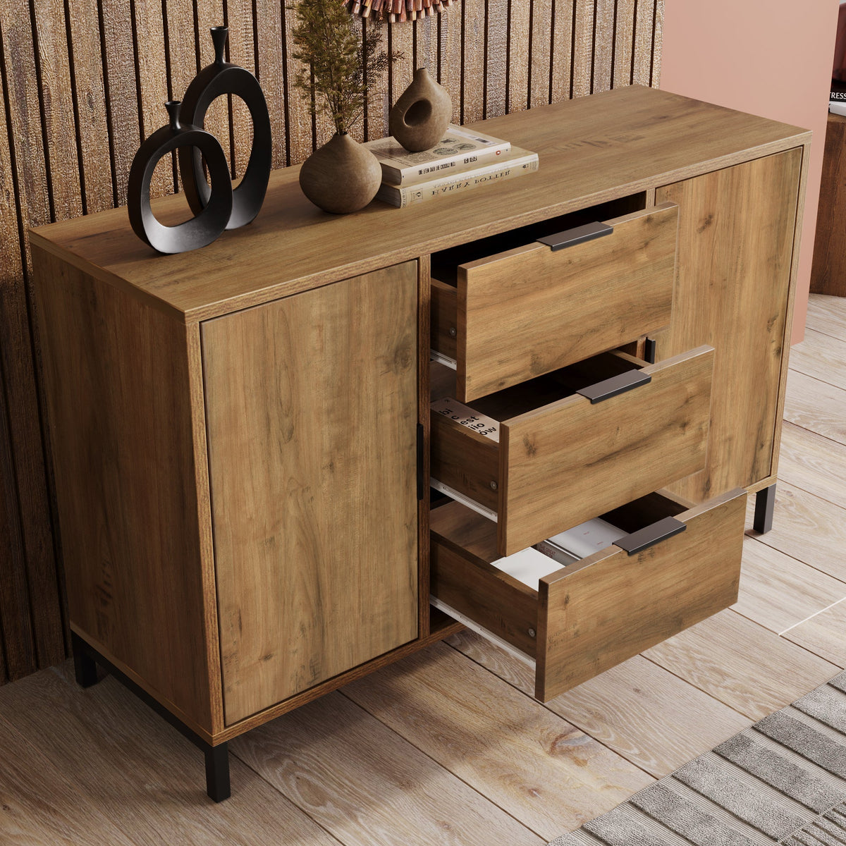 Chest of Drawers, 2 Doors & 3 Drawers, Adjustable Shelf, Dark Oak