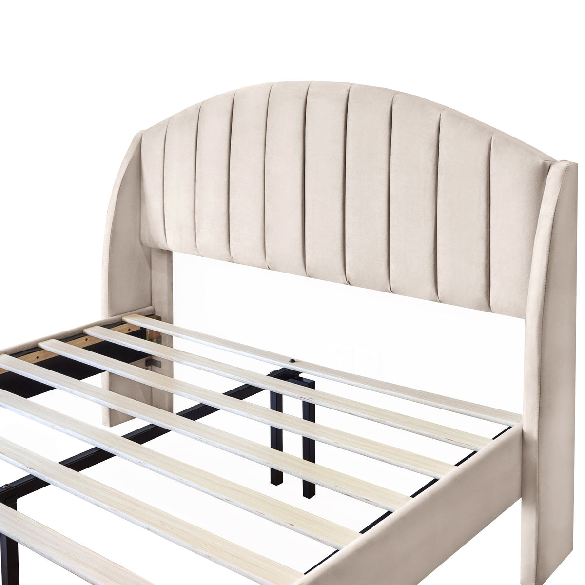 Upholstered Bed 140x200 Slatted Base Headboard - Velvet Beige