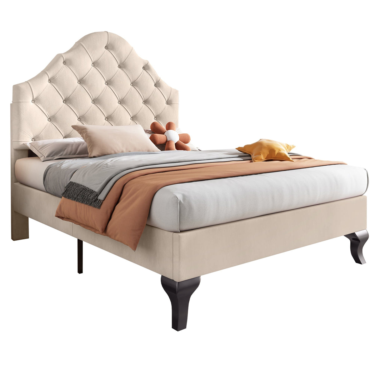 Upholstered Single Bed 90x200cm Adjustable Headboard Slatted Frame - Velvet Beige