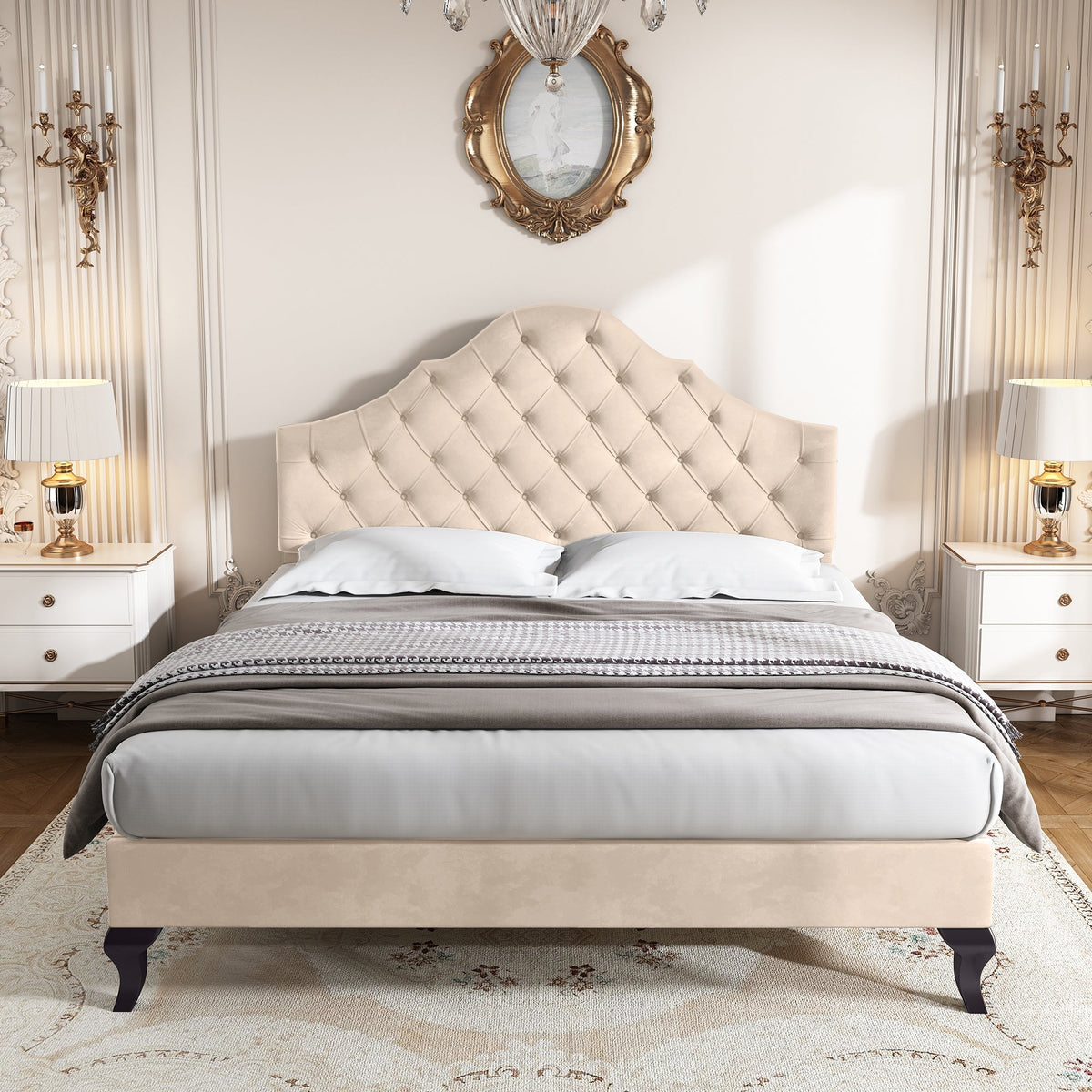 Upholstered Bed 140x190cm Height Adjustable Headboard Slatted Base Beige Velvet