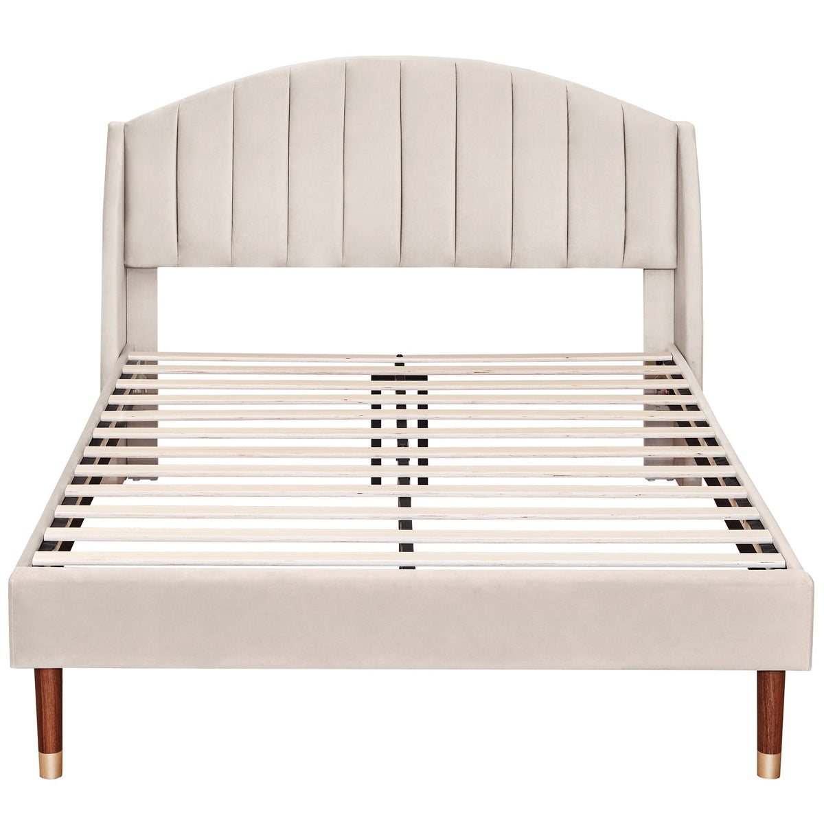 Upholstered Bed 140x200 Slatted Base Headboard - Velvet Beige