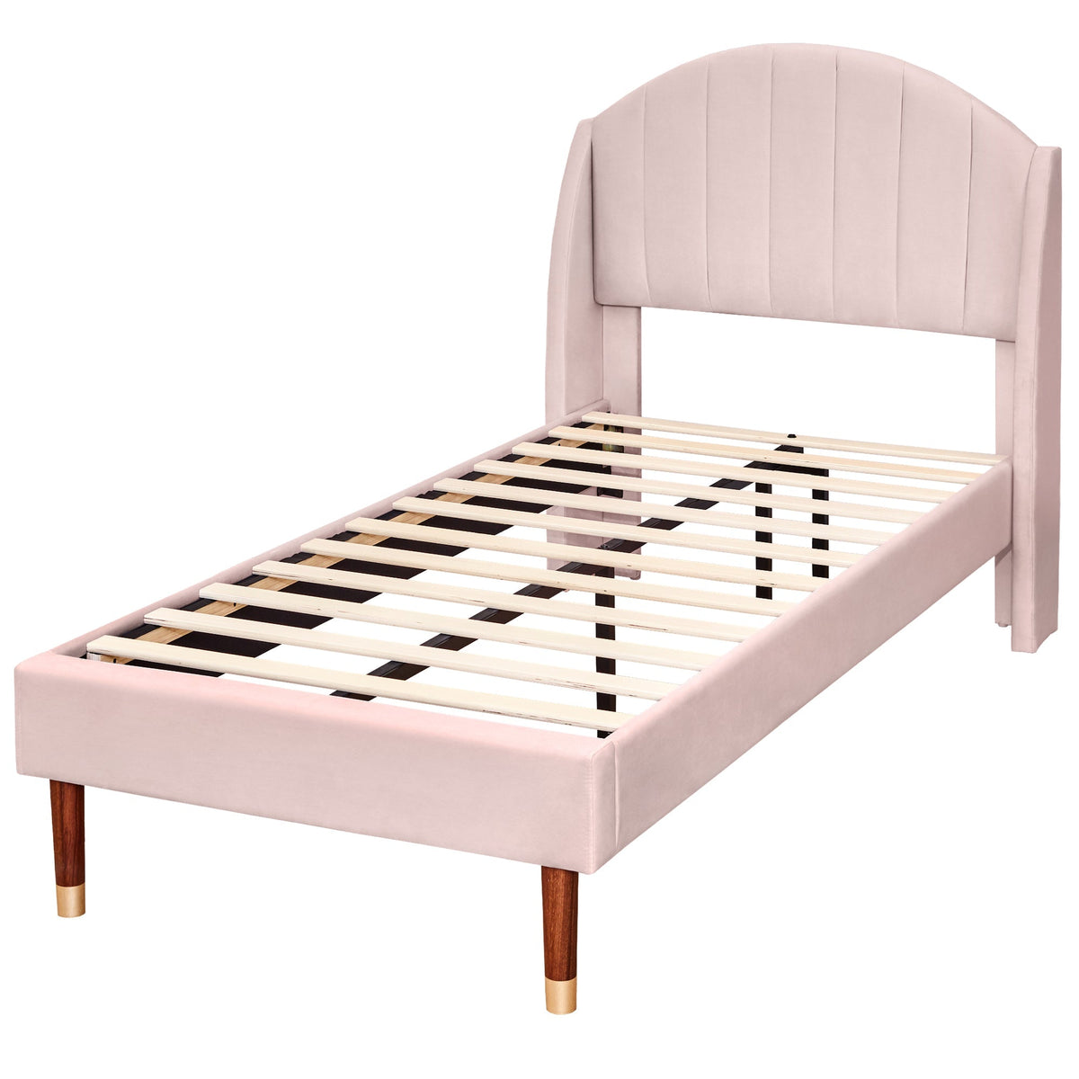 Upholstered Single Bed 90x200cm Slatted Base Headboard - Velvet Pink