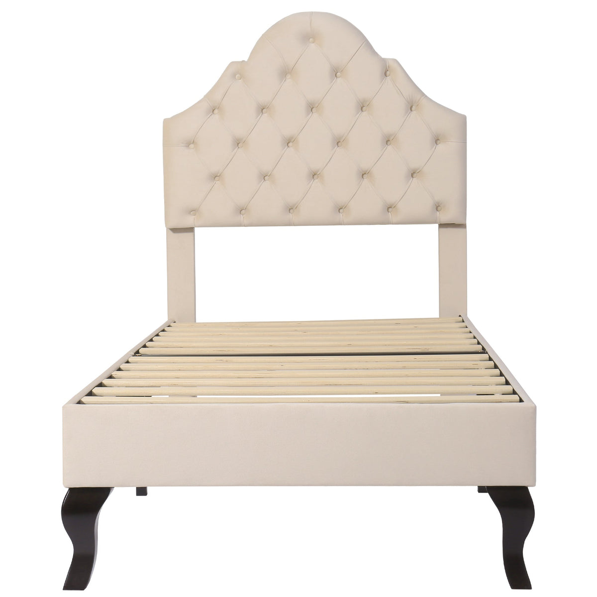 Upholstered Single Bed 90x200cm Adjustable Headboard Slatted Frame - Velvet Beige