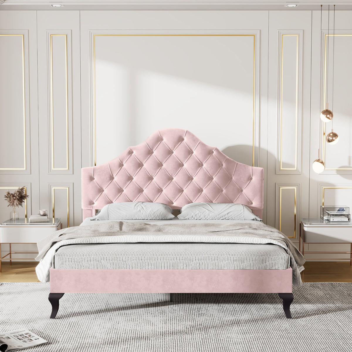 Upholstered Bed 140x200cm Adjustable Headboard Slatted Base - Velvet Pink