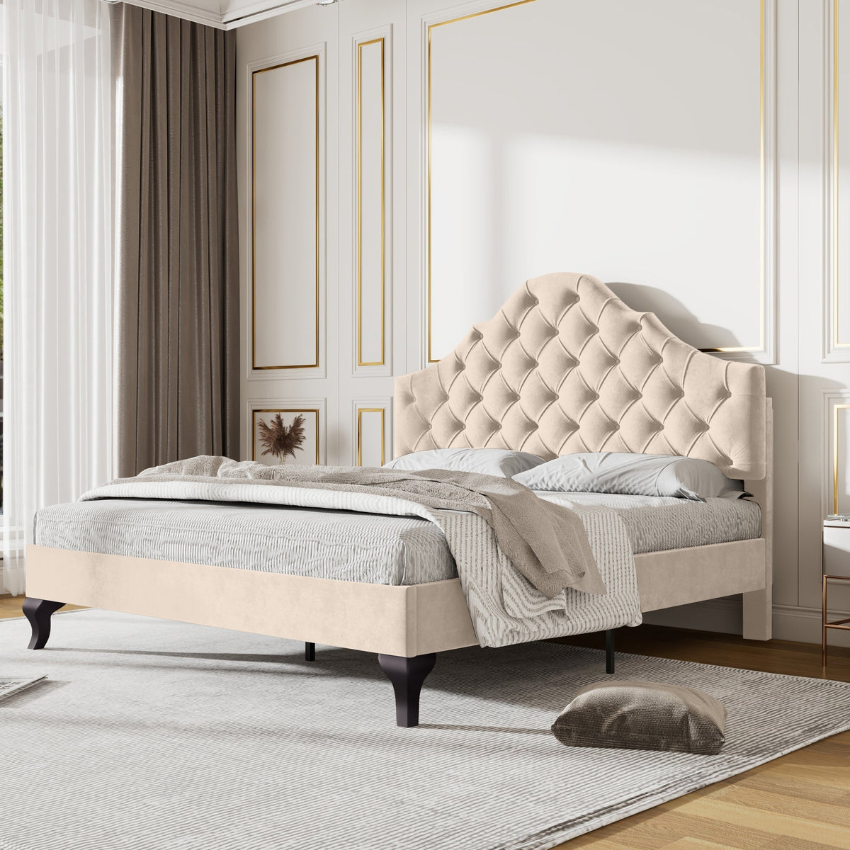 Upholstered Bed 140x190cm Height Adjustable Headboard Slatted Base Beige Velvet