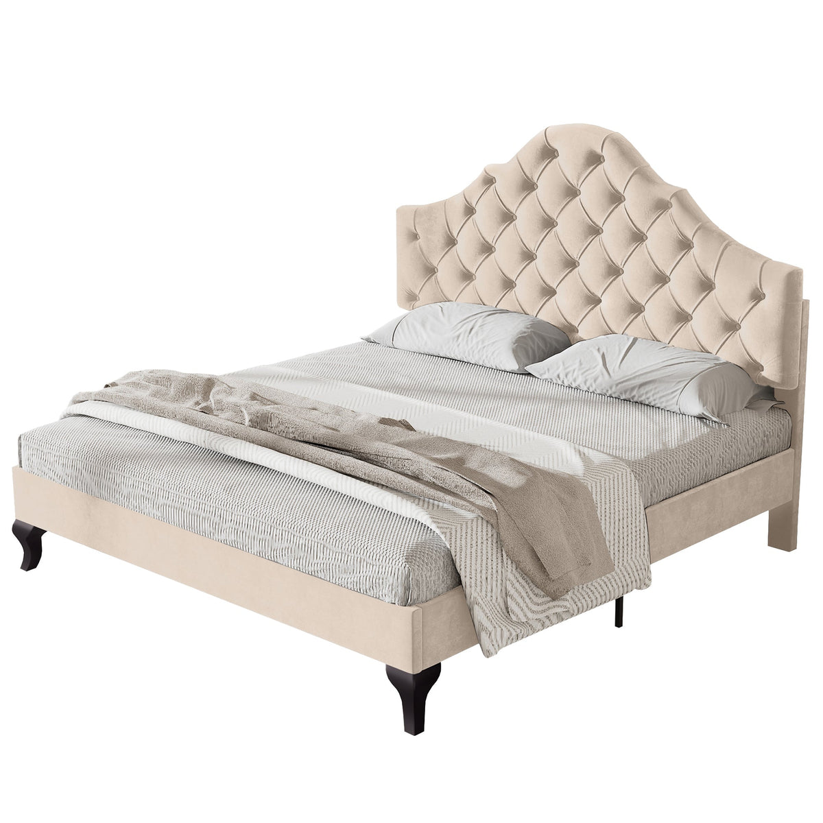 Upholstered Bed 140x190cm Height Adjustable Headboard Slatted Base Beige Velvet