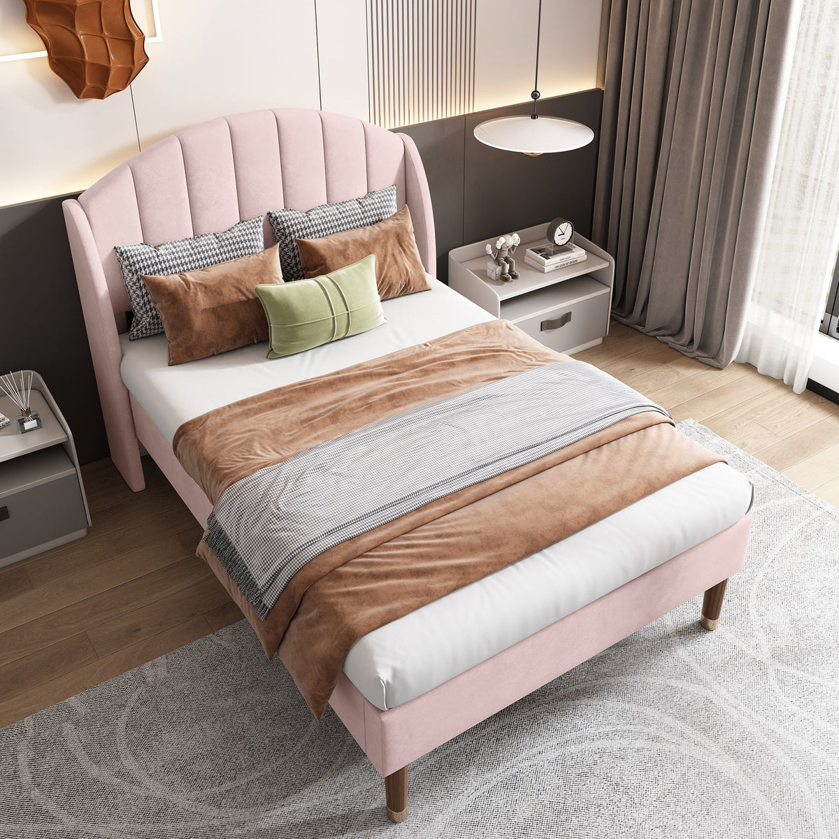 Upholstered Single Bed 90x200cm Slatted Base Headboard - Velvet Pink