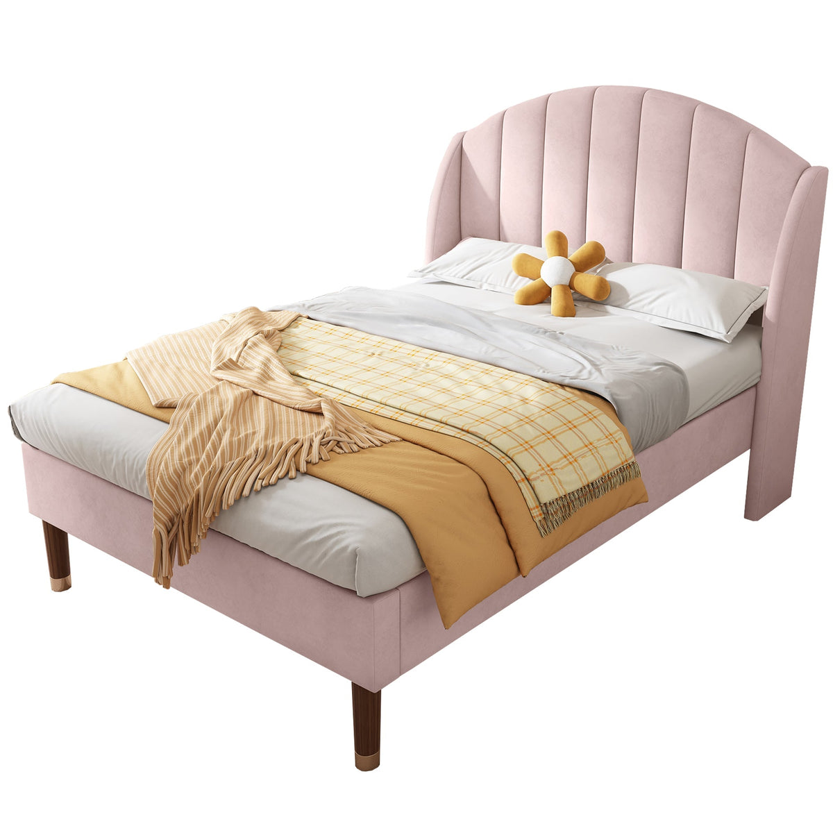 Upholstered Single Bed 90x200cm Slatted Base Headboard - Velvet Pink