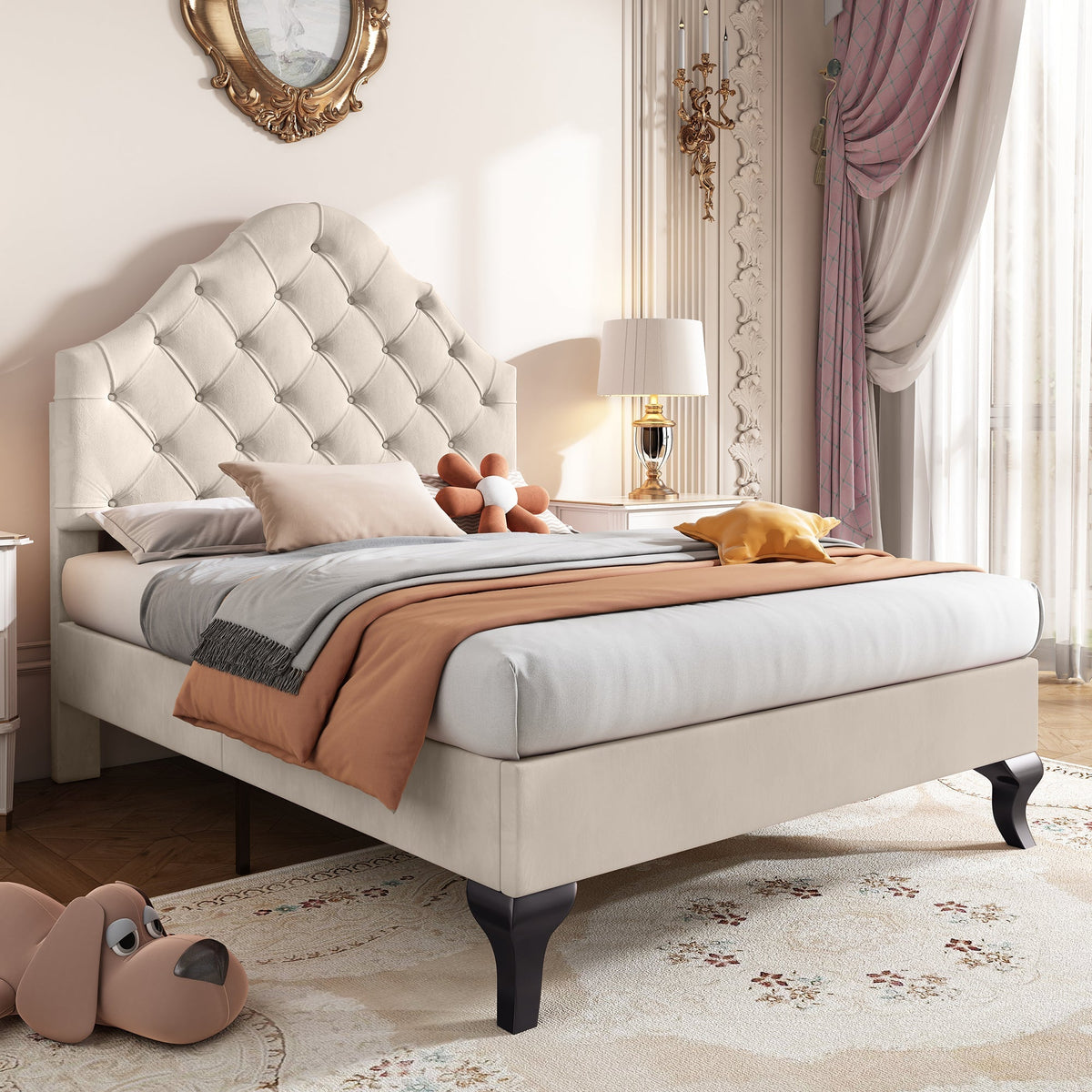 Upholstered Single Bed 90x200cm Adjustable Headboard Slatted Frame - Velvet Beige