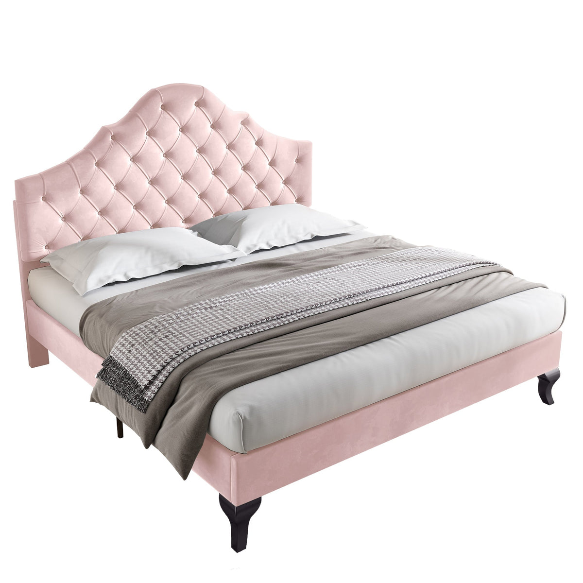 Upholstered Bed 140x200cm Adjustable Headboard Slatted Base - Velvet Pink