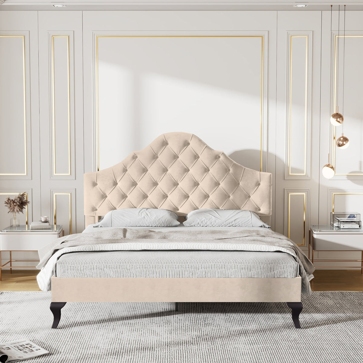 Upholstered Bed 140x190cm Height Adjustable Headboard Slatted Base Beige Velvet