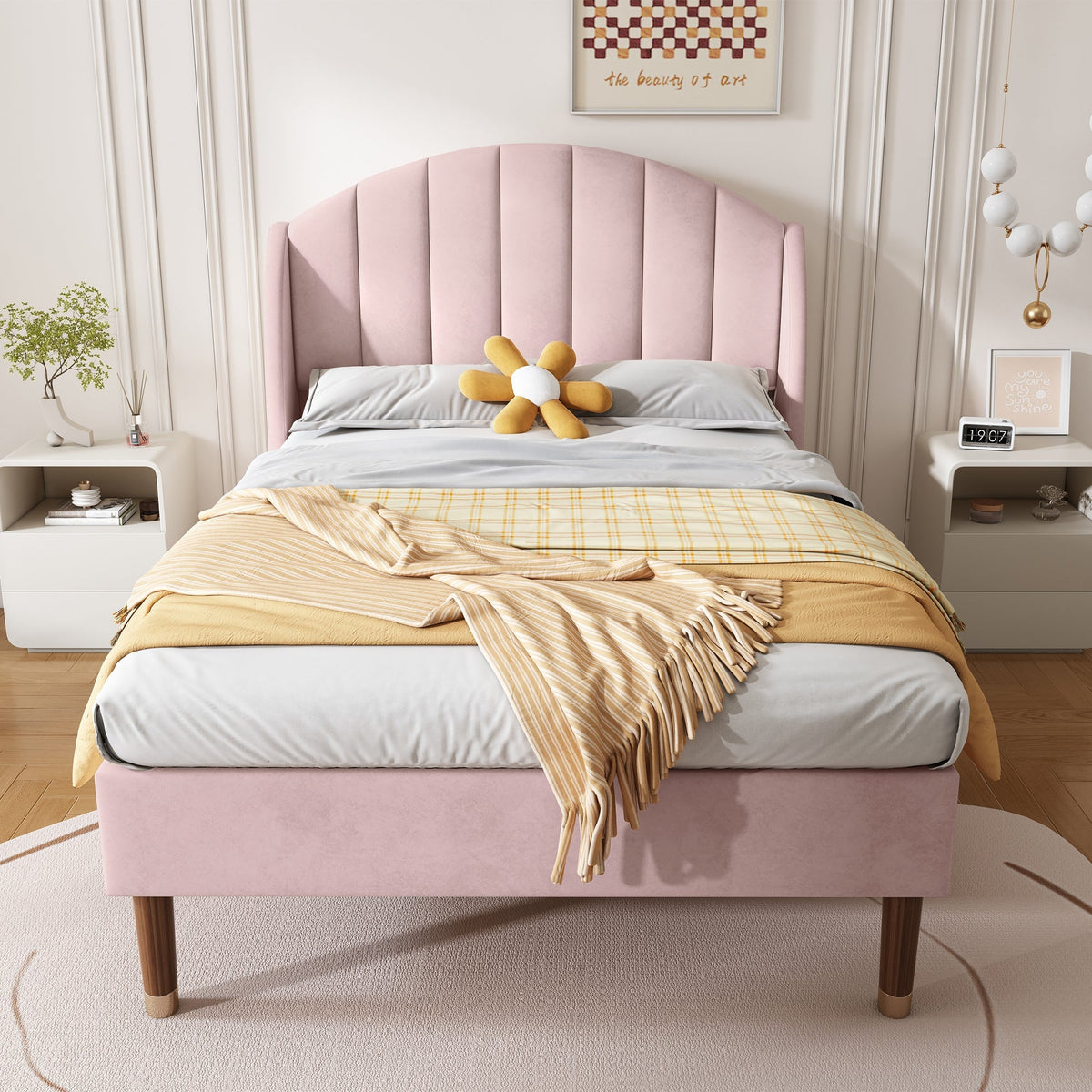 Upholstered Single Bed 90x200cm Slatted Base Headboard - Velvet Pink